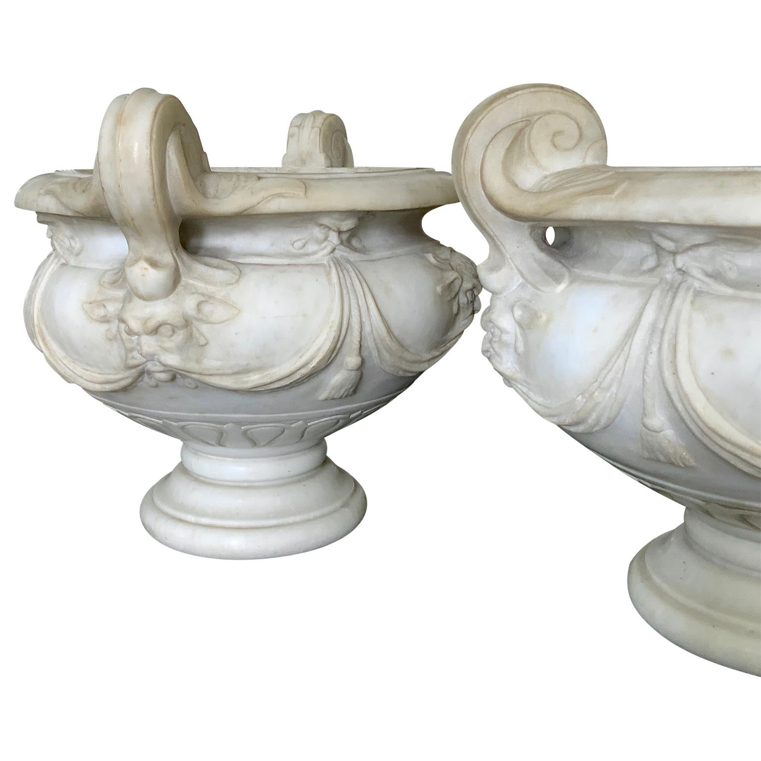 Pair of 18th Century Carved White Marble Garden Urns, Italy 1
