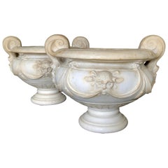 Pair of 18th Century Carved White Marble Garden Urns, Italy