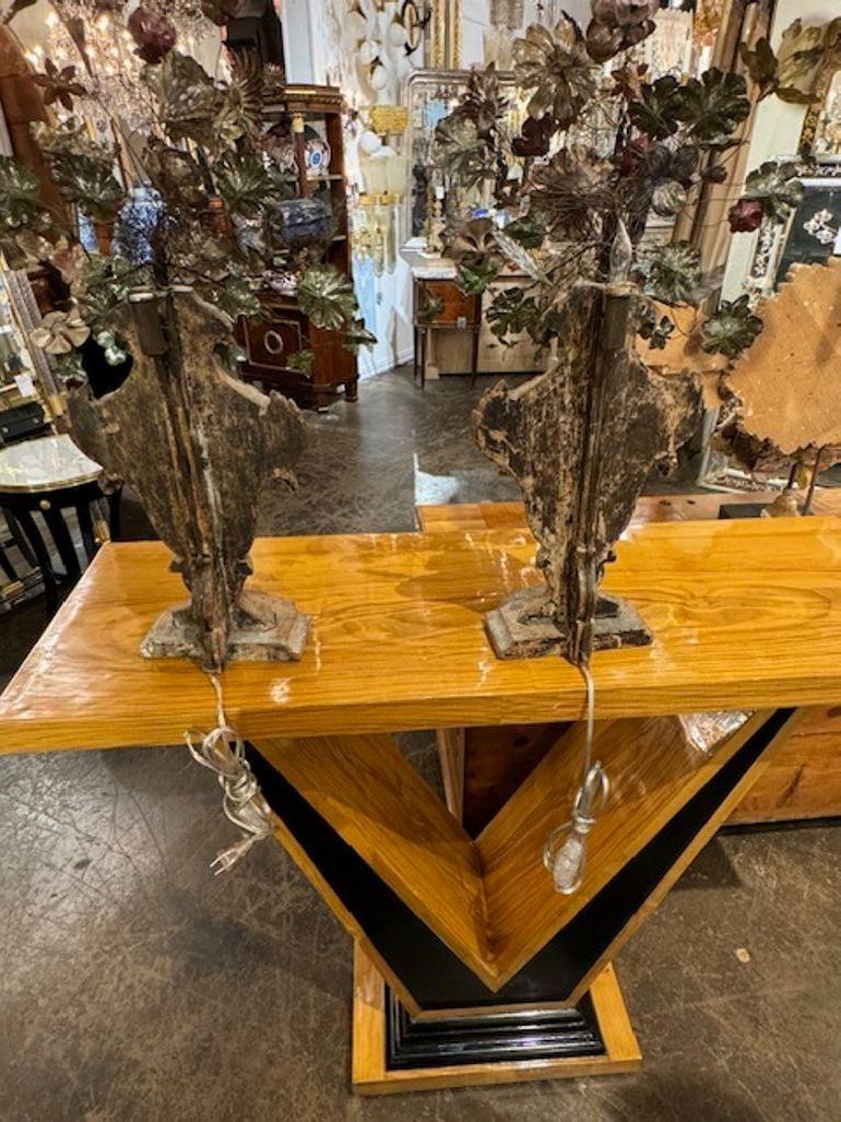 Pair of 18th Century Carved Wood and Painted Metal Topiaries For Sale 1