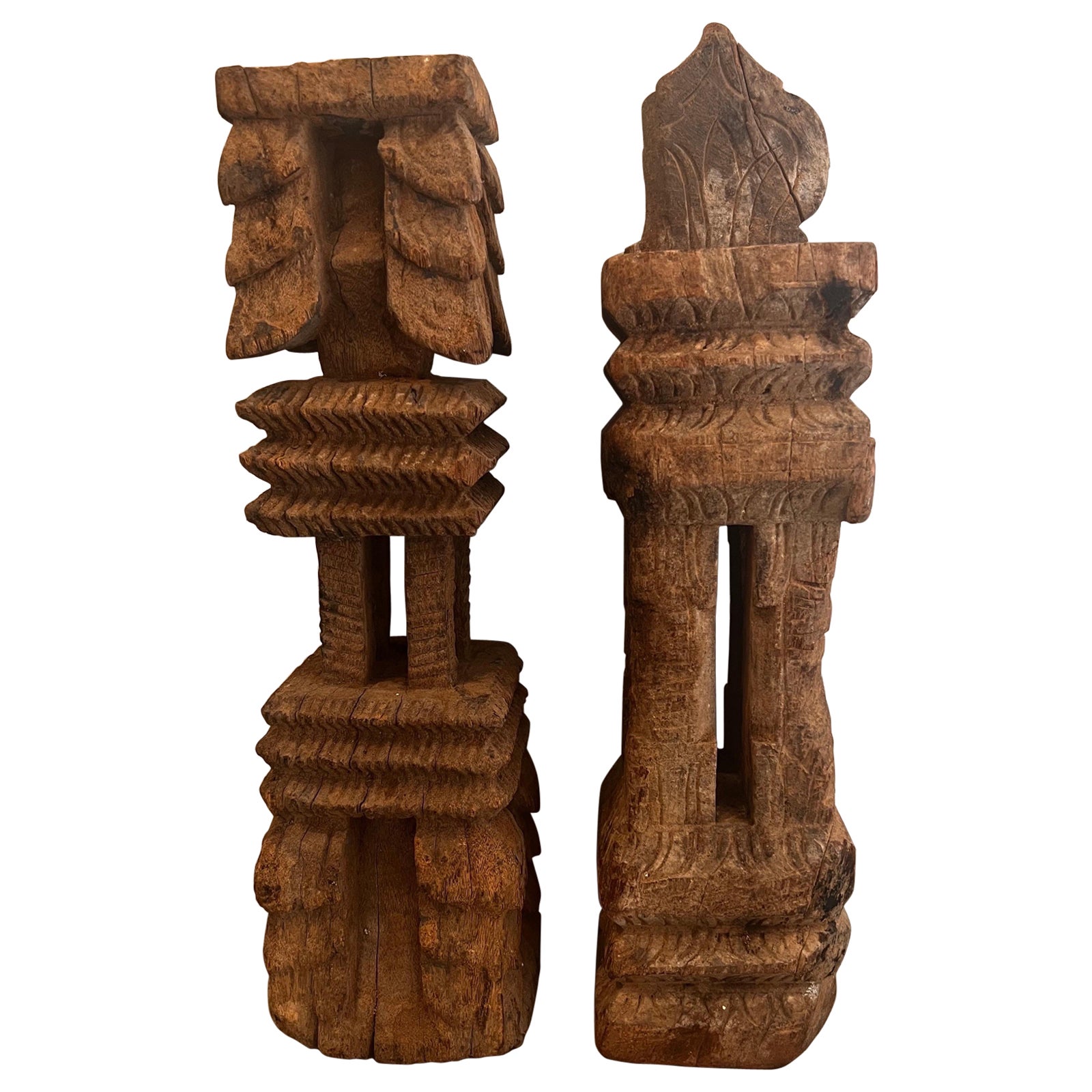 Pair of 18th Century Carved Wooden Candle Sticks from Burma