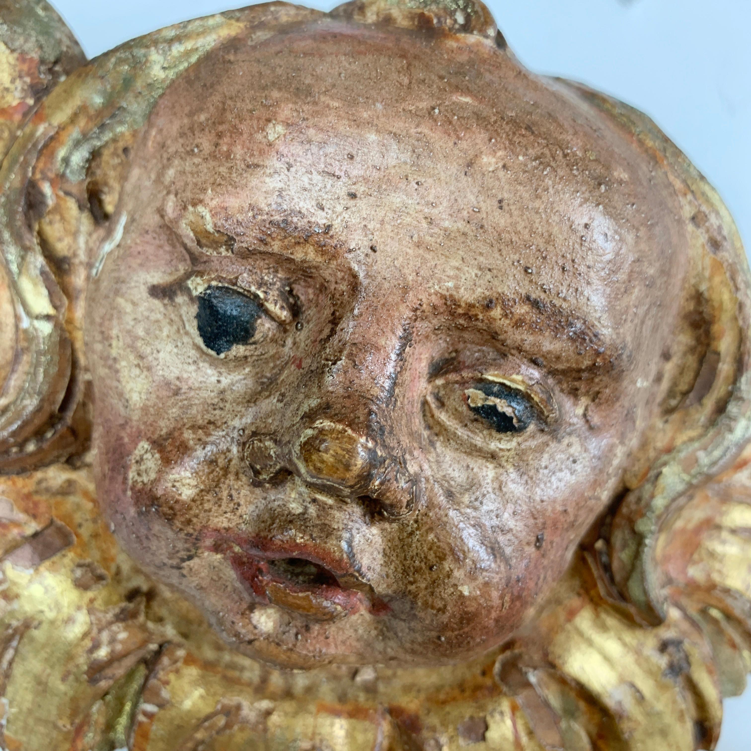 German Pair of 18th Century Carved Wooden gilt and Polychrome Baroque Putti / Cherubs