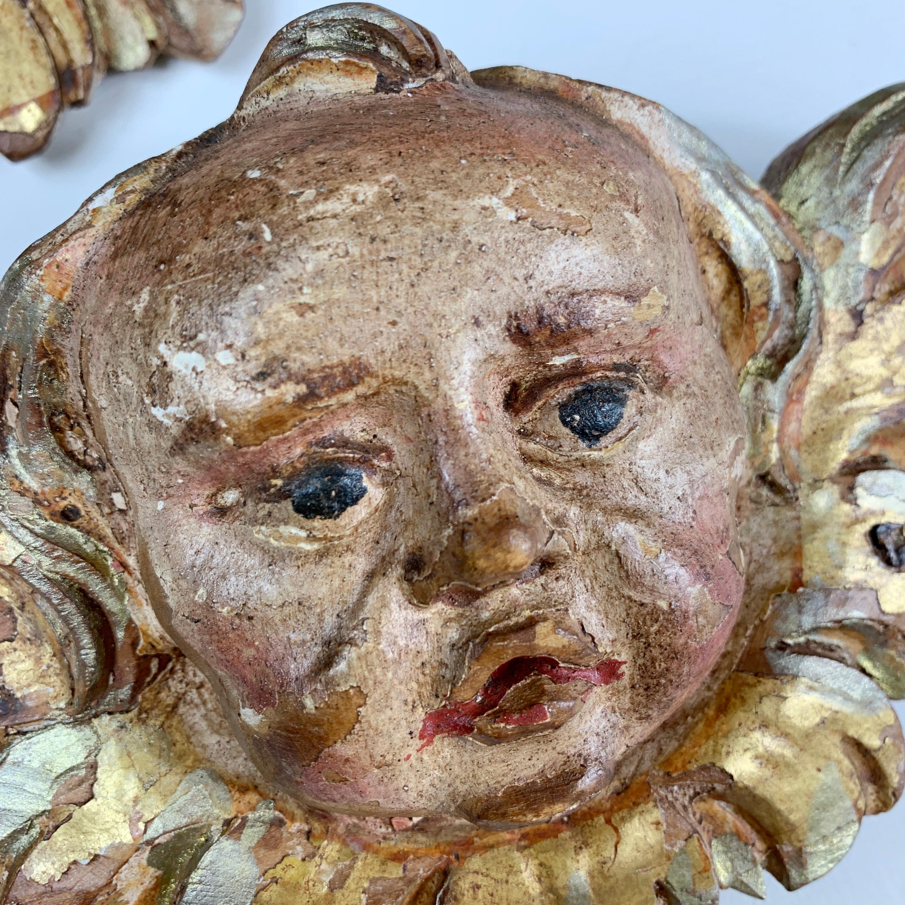 Gesso Pair of 18th Century Carved Wooden gilt and Polychrome Baroque Putti / Cherubs