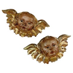 Pair of 18th Century Carved Wooden gilt and Polychrome Baroque Putti / Cherubs