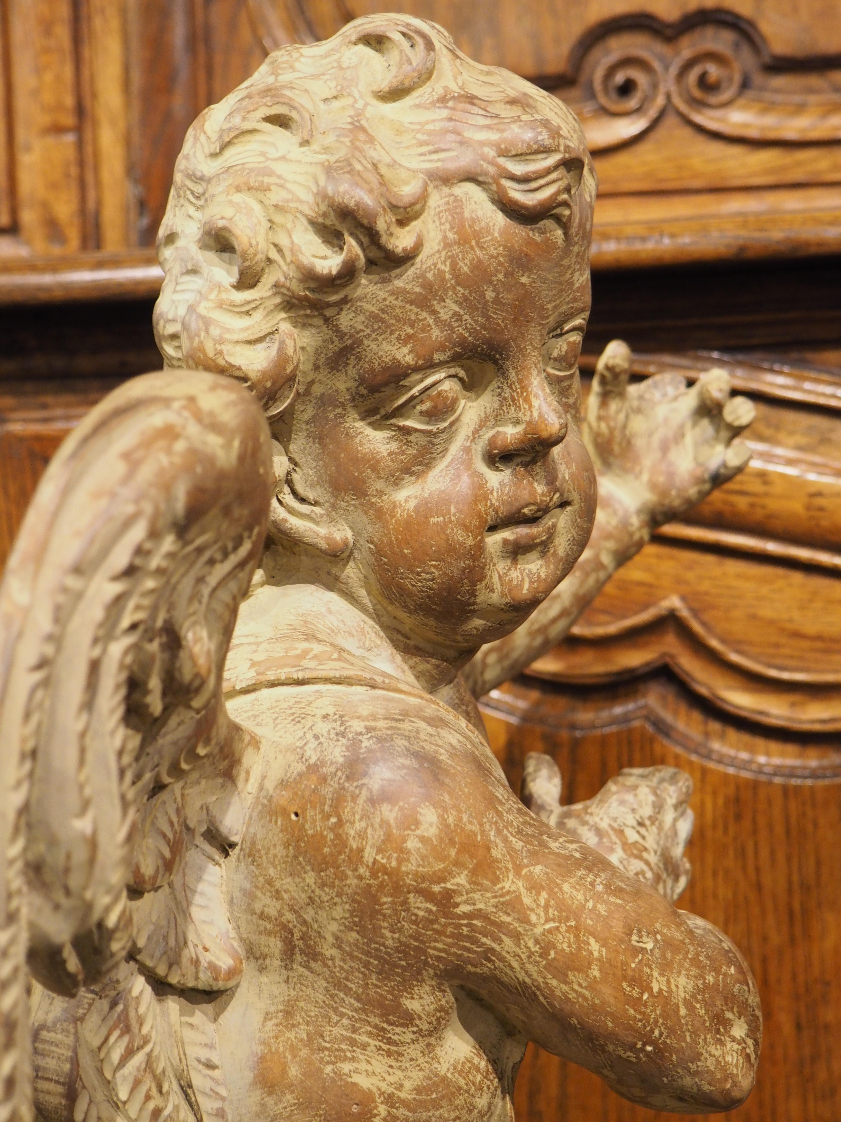 Pair of 18th Century Carved Wooden Winged Cherubs from Italy For Sale 6