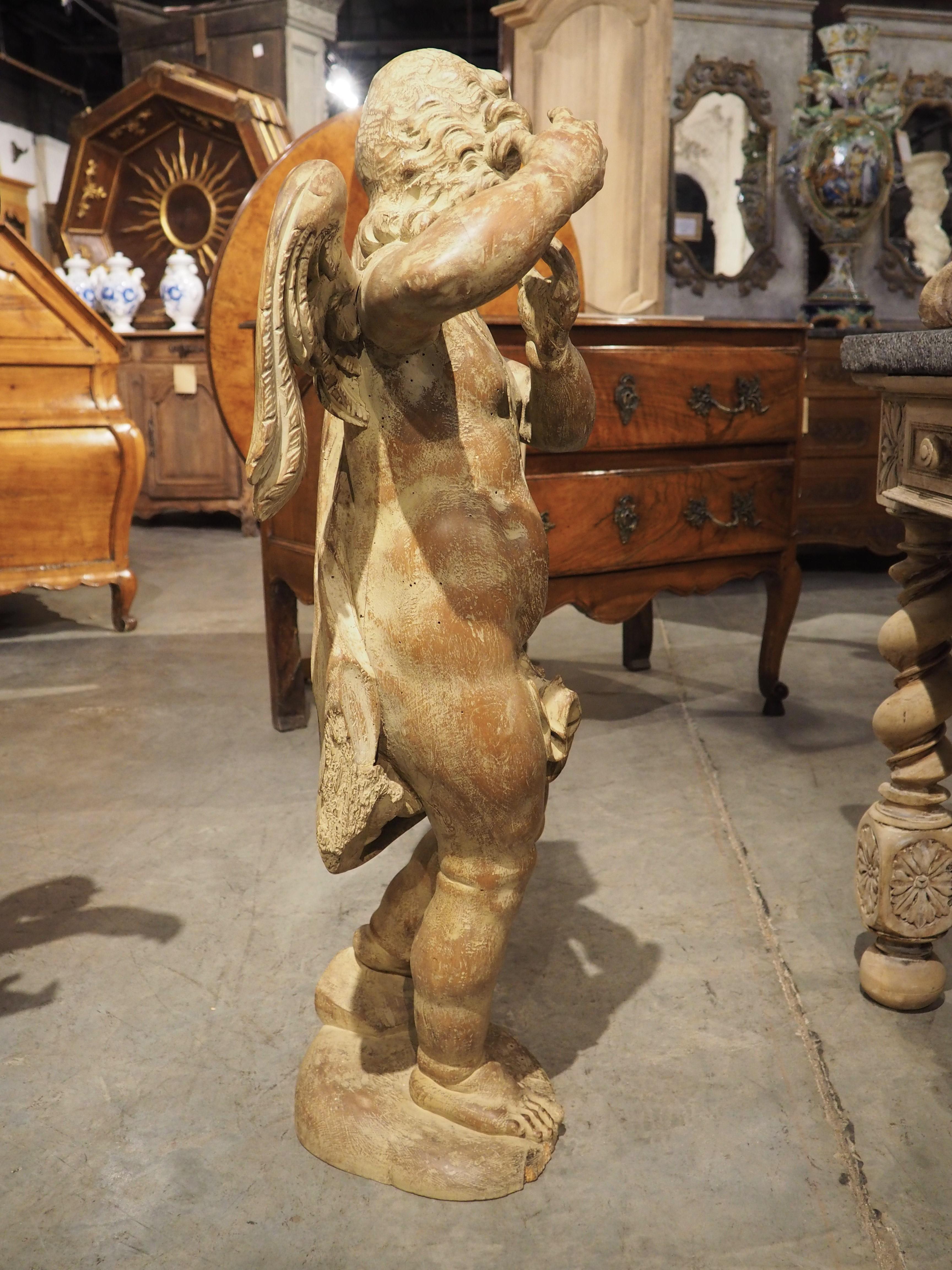 Pair of 18th Century Carved Wooden Winged Cherubs from Italy For Sale 14