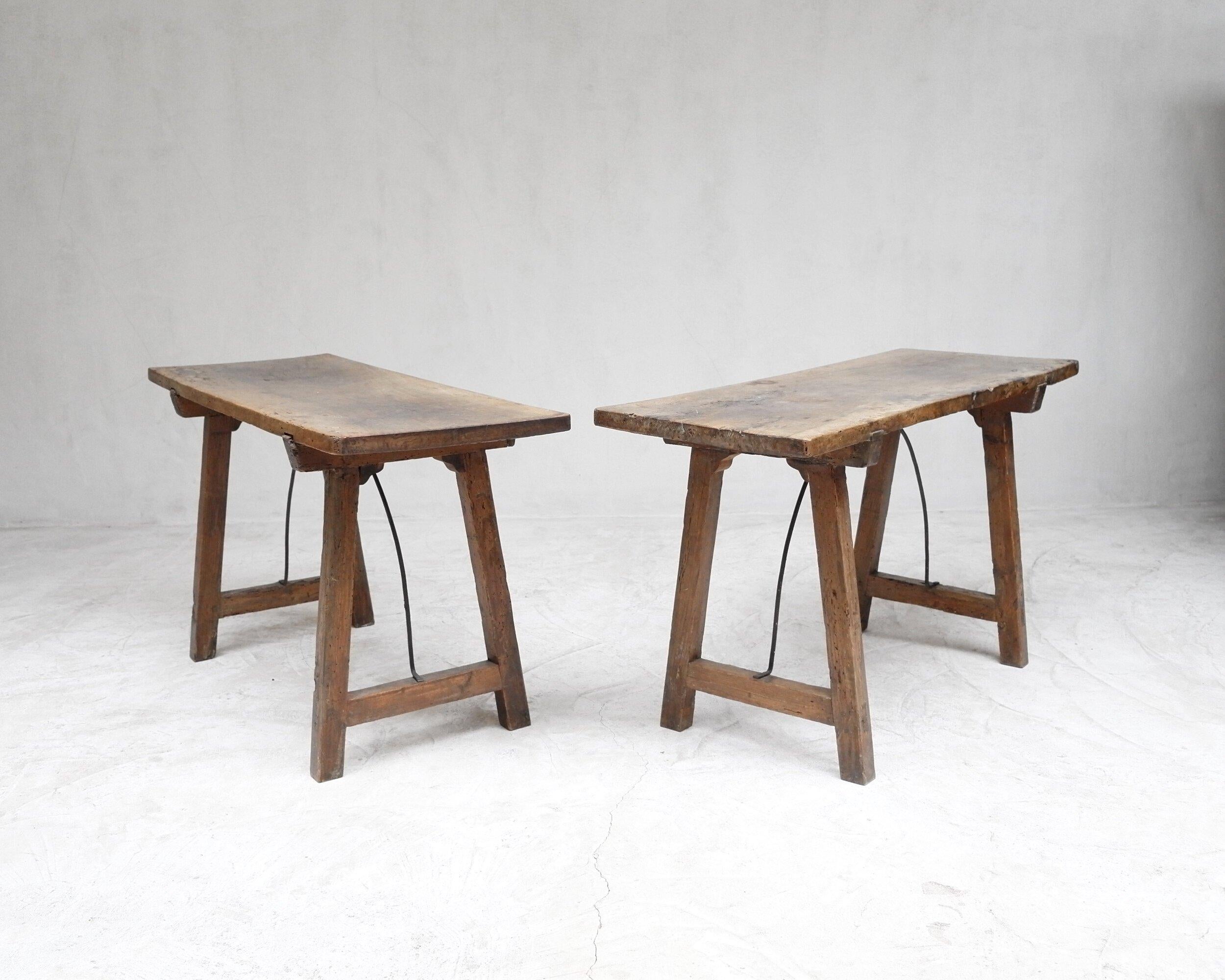 Exceptional Pair of 18th Century Catalan tables in olive wood.

Thick solid tops with elegant rounded stretchers in wrought iron.

Beautiful patina created naturally with 200 + years of wear.