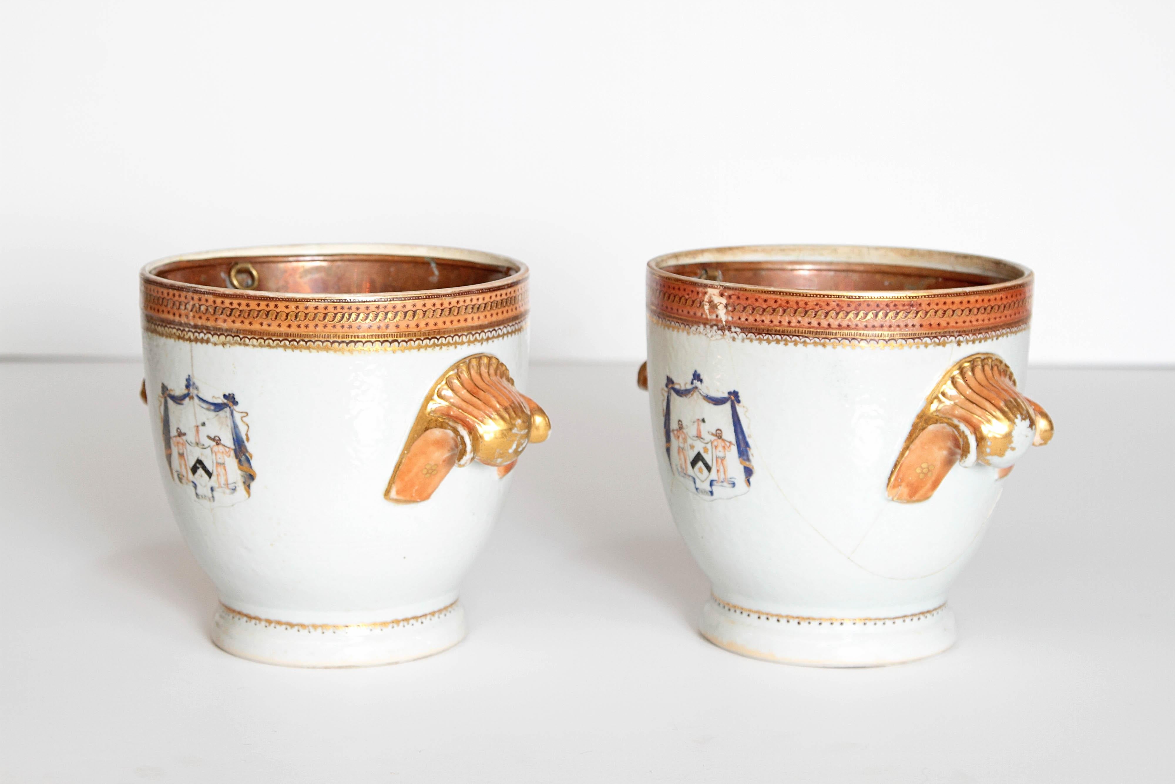 18th Century and Earlier Pair of 18th Century Chinese Export Armorial Wine Coolers