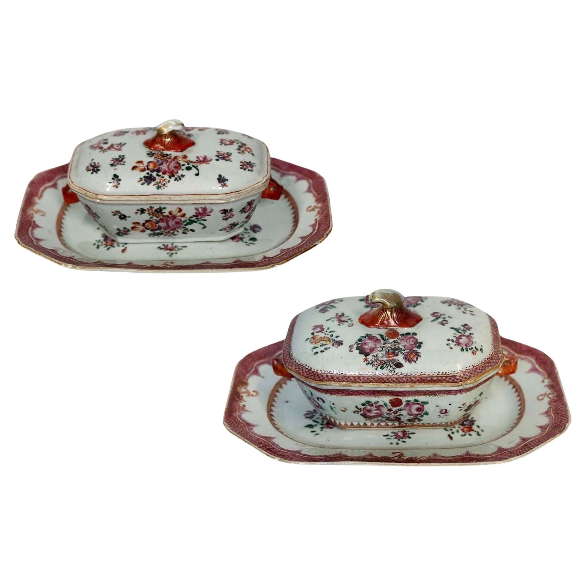 Pair of 18th Century Chinese Export Famille Rose Sauce Tureens For Sale