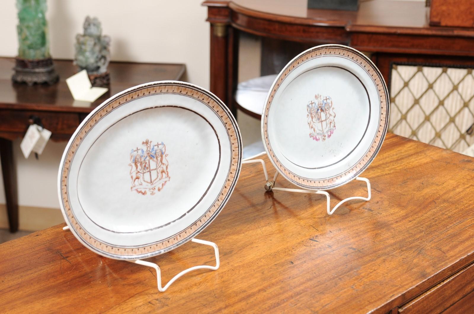 Pair of 18th Century Chinese Export Porcelain Platters with Armorial Crests For Sale 8