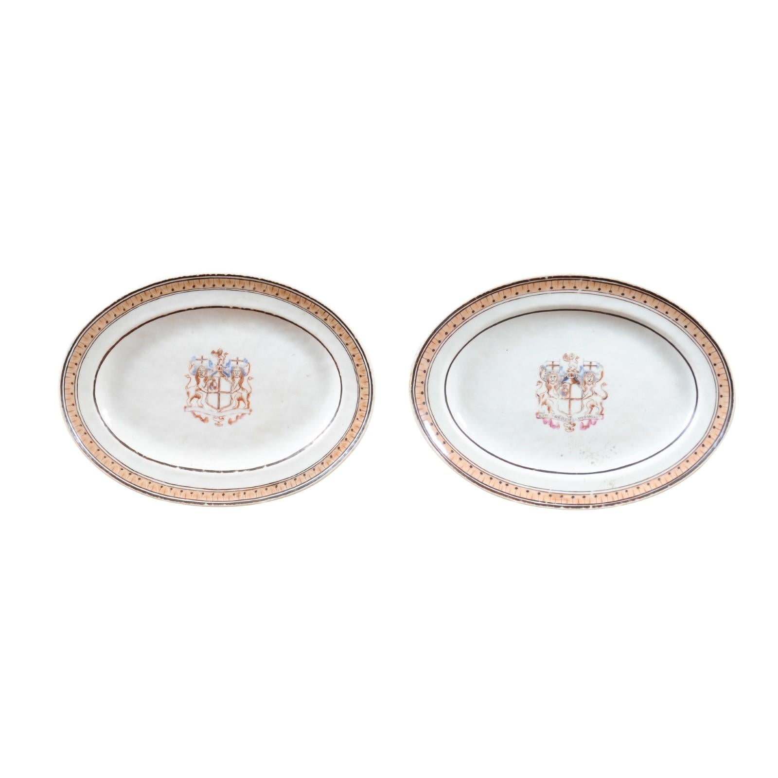 Pair of 18th Century Chinese Export Porcelain Platters with Armorial Crests For Sale 11