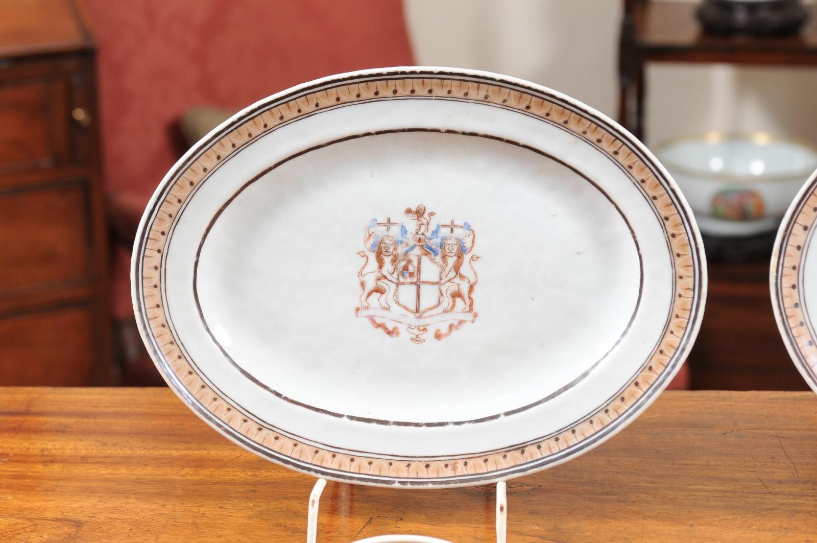 18th Century and Earlier Pair of 18th Century Chinese Export Porcelain Platters with Armorial Crests For Sale