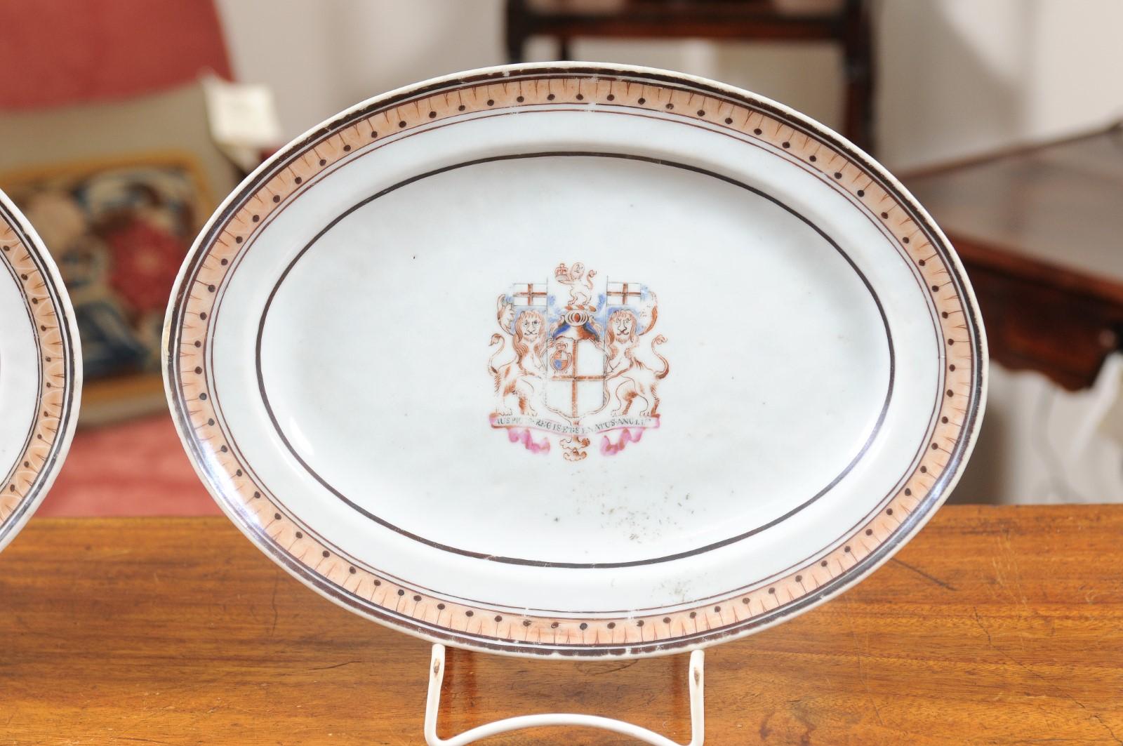 Pair of 18th Century Chinese Export Porcelain Platters with Armorial Crests For Sale 1