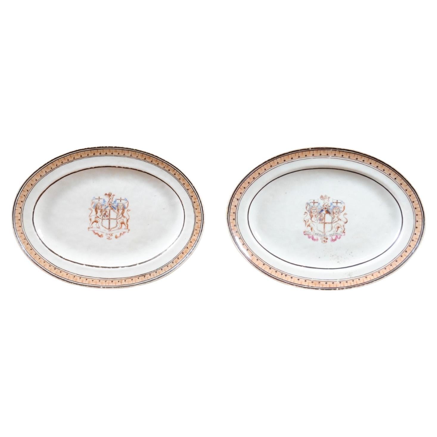 Pair of 18th Century Chinese Export Porcelain Platters with Armorial Crests For Sale
