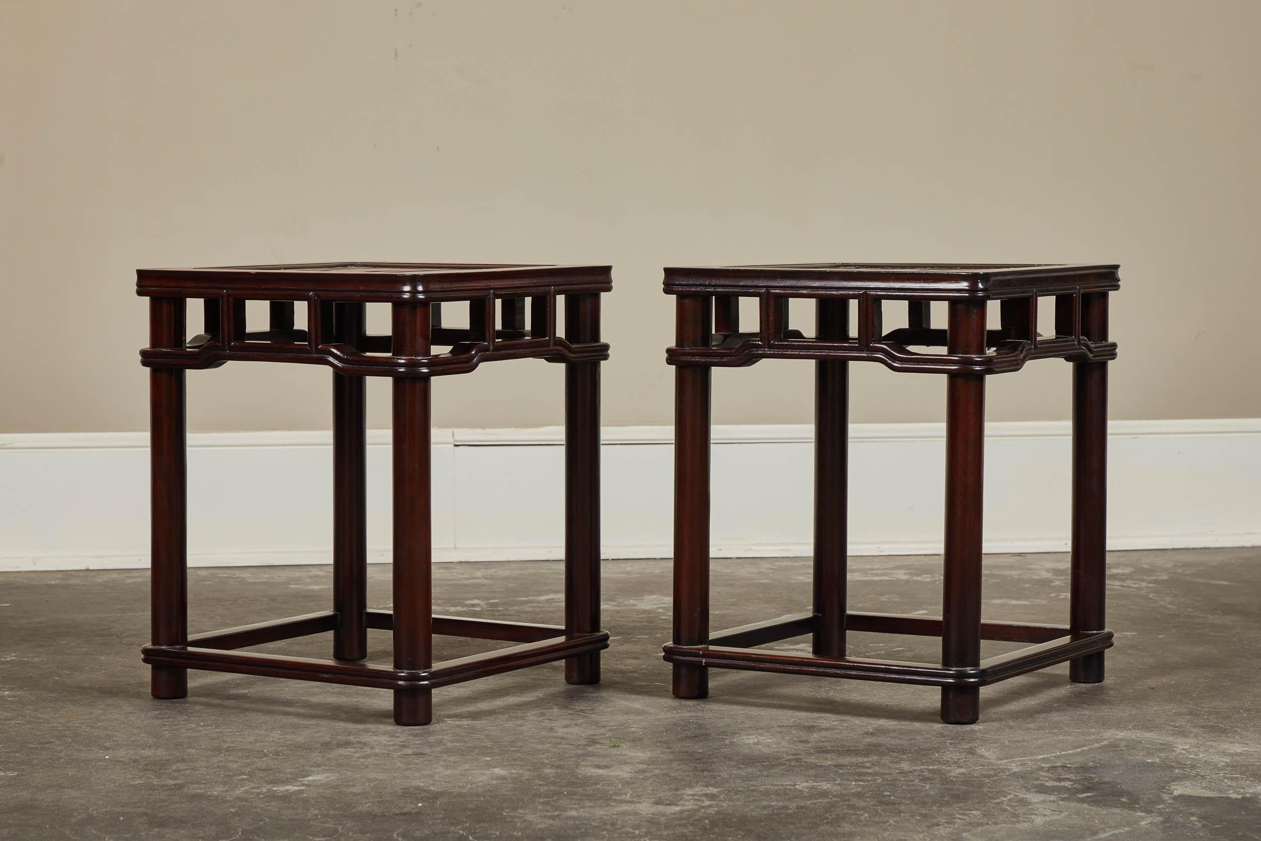 A handsome pair of newly made 18th century bamboo tea tables comprised of iron wood and a bamboo slat top.