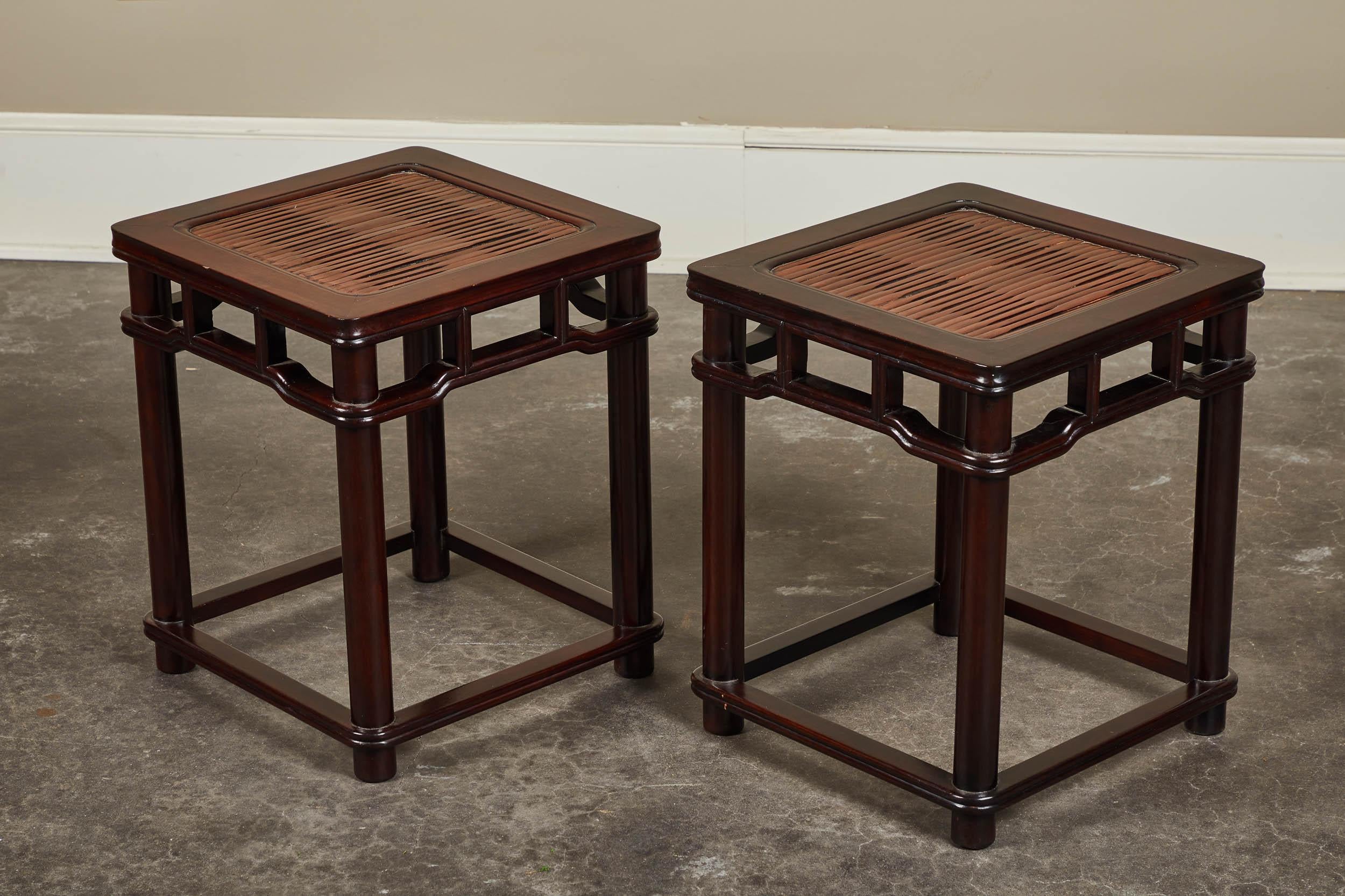 Chinese Export Pair of 18th Century Chinese Iron Wood Tables W/ Slated Bamboo Tops