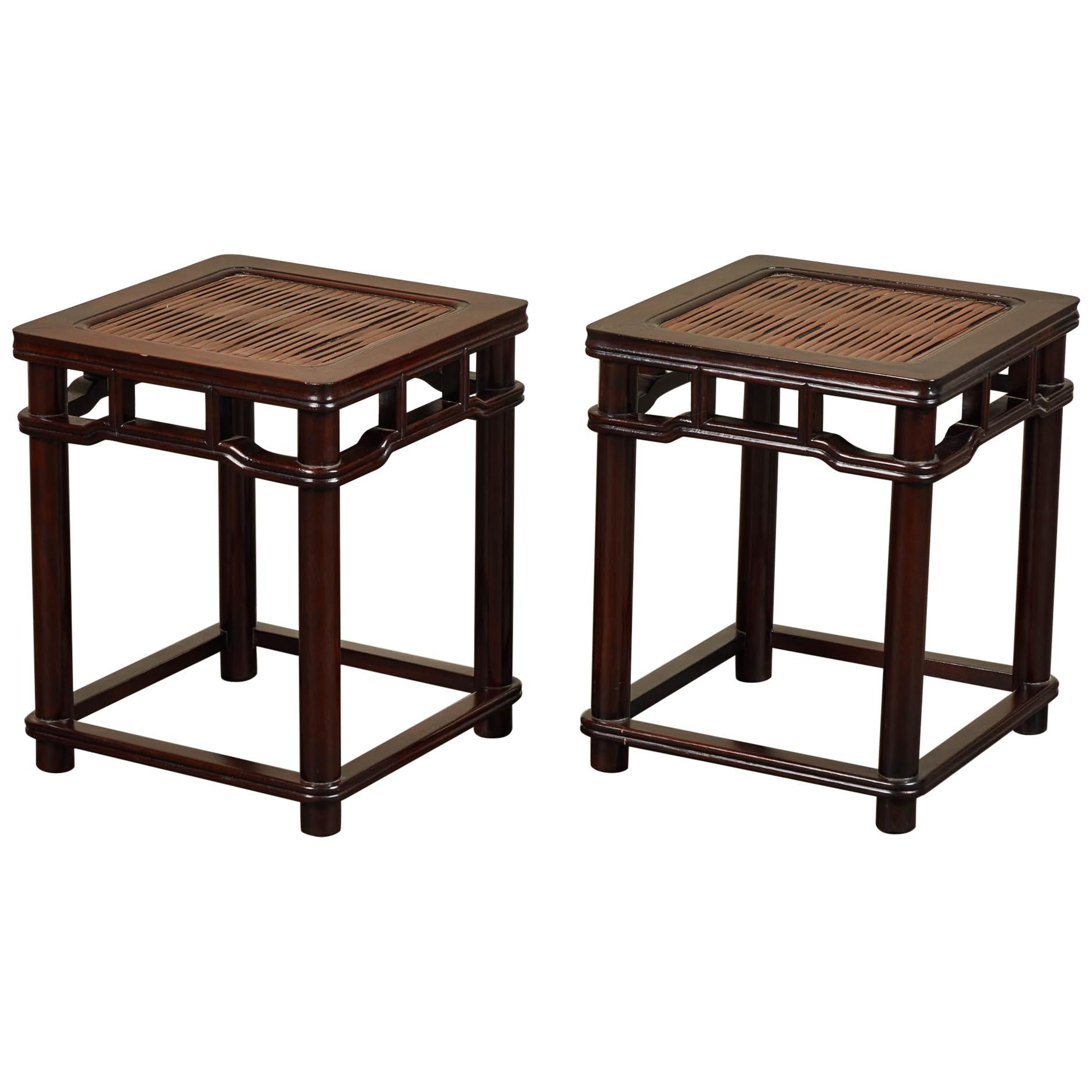 Pair of 18th Century Chinese Iron Wood Tables W/ Slated Bamboo Tops