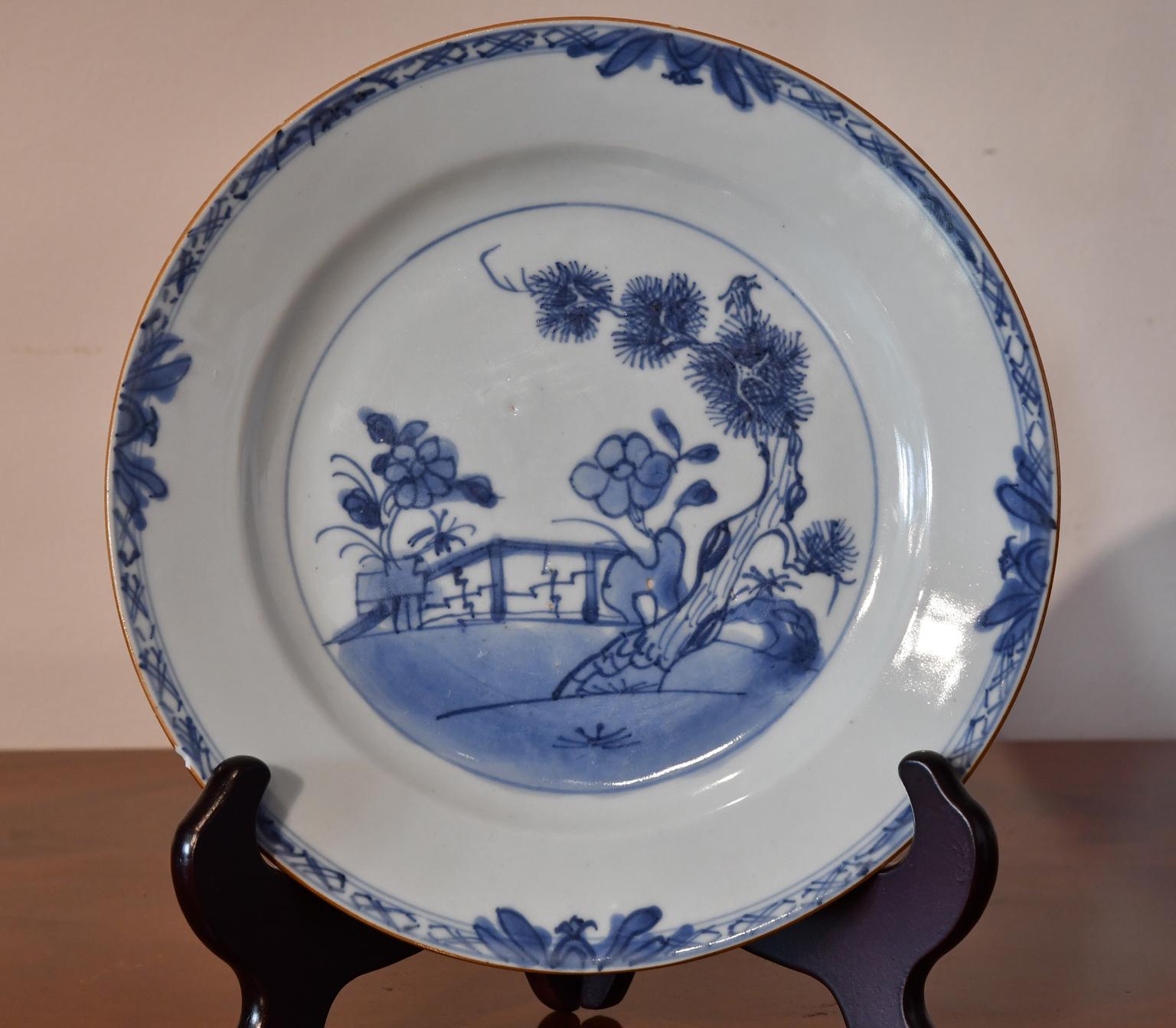 Glazed Pair of 18th Century Chinese Porcelain Blue & White Plates, Qing Qianlong