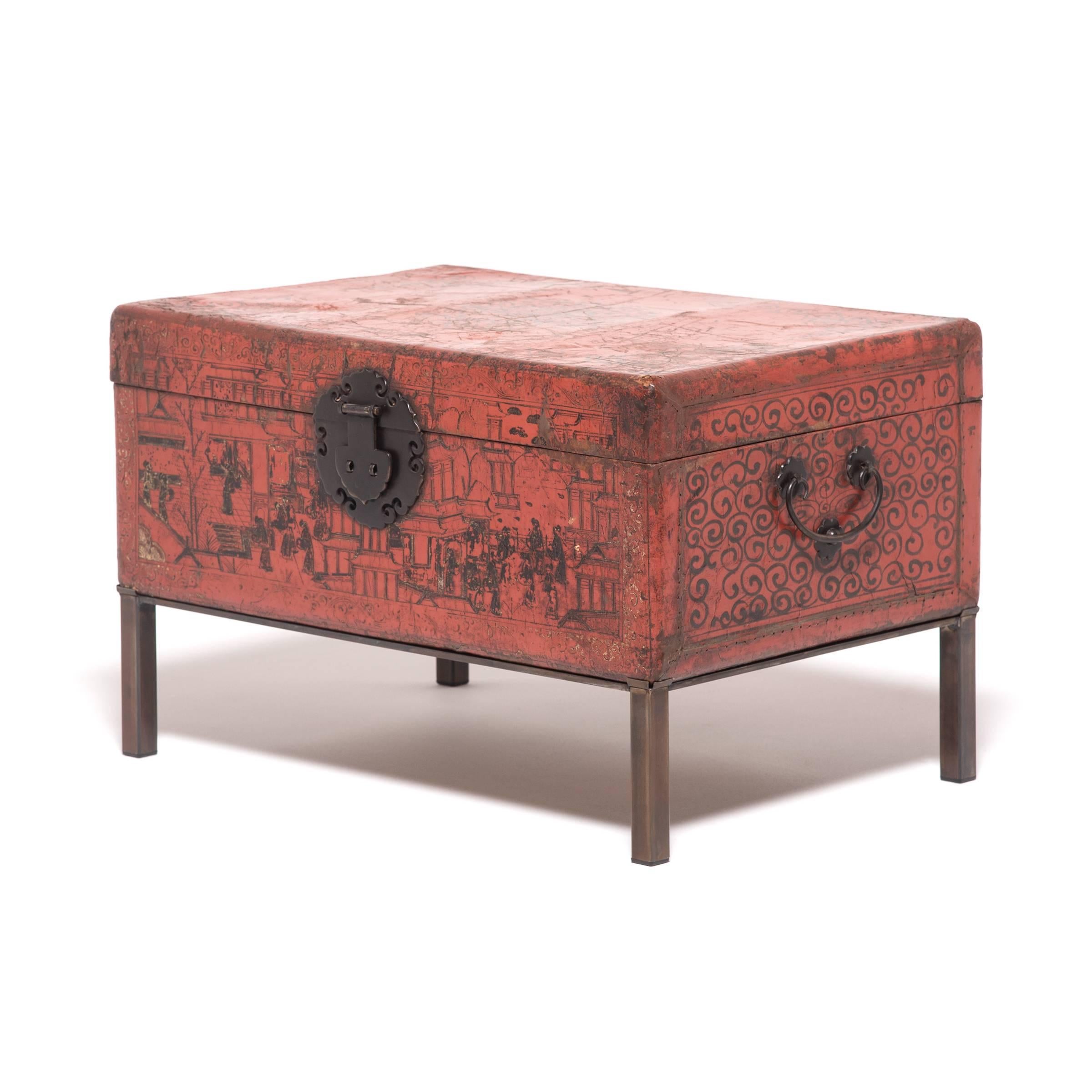 Steel Pair of 18th Century Chinese Red and Gilt Lacquered Trunks