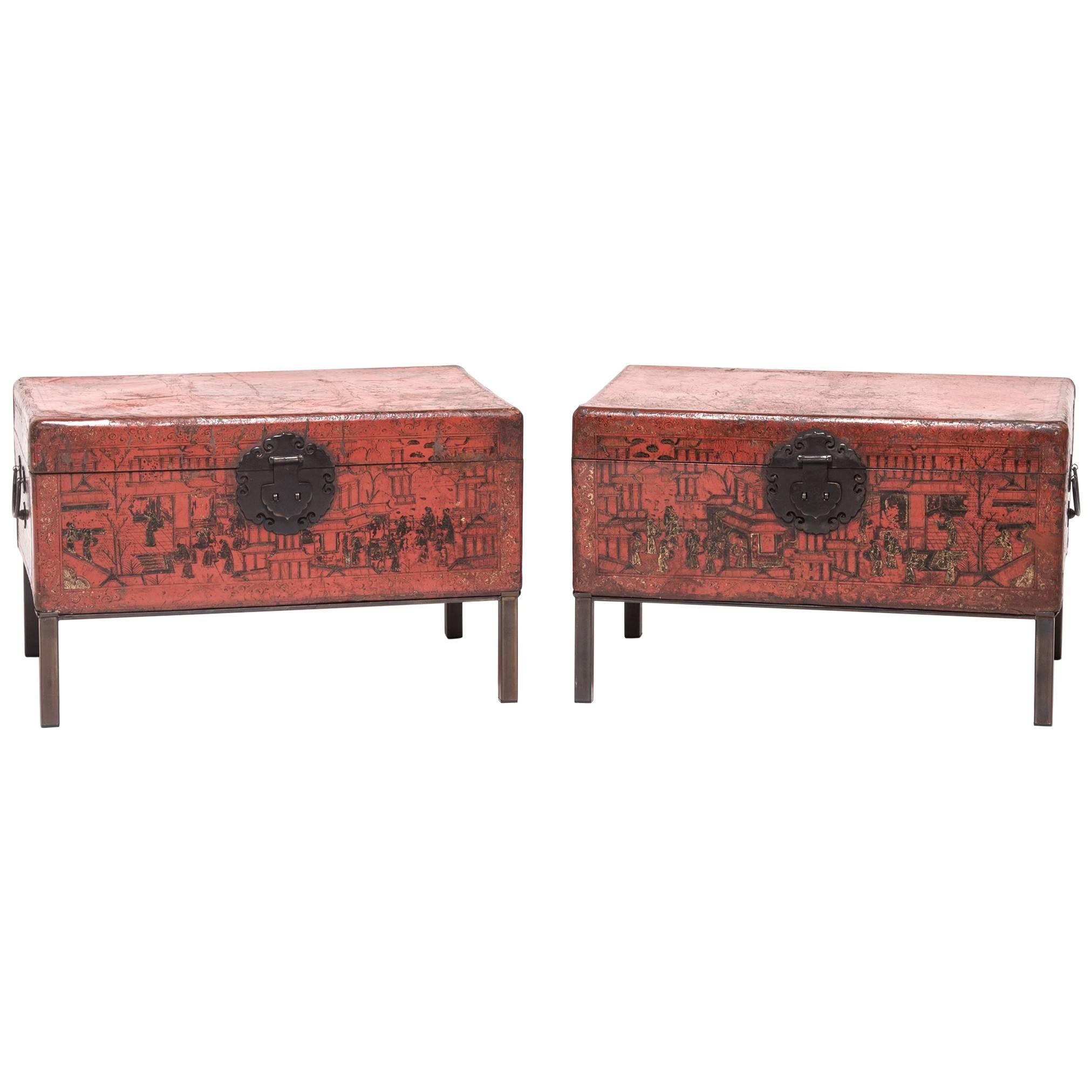 Pair of 18th Century Chinese Red and Gilt Lacquered Trunks