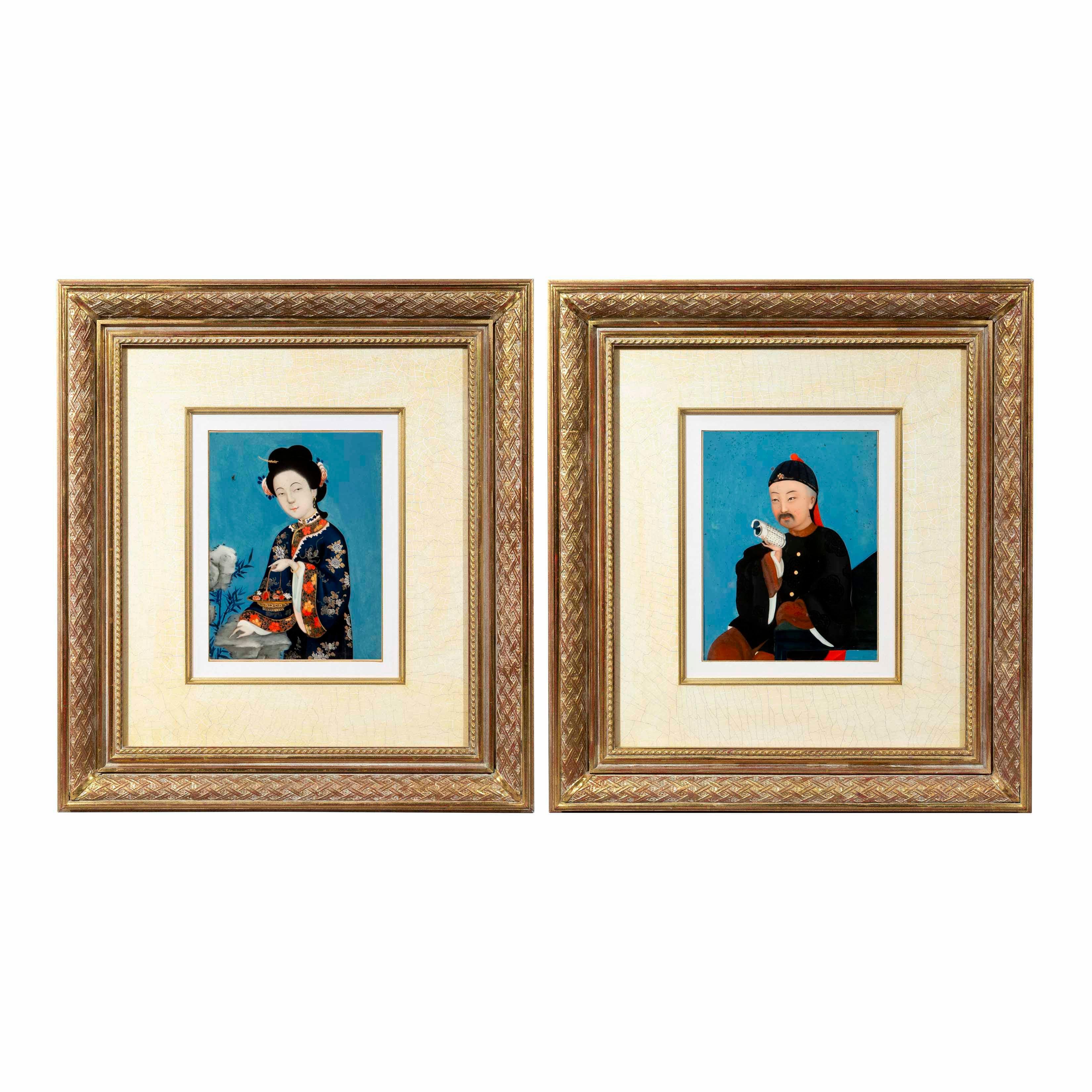 Pair of Chinese Reverse Glass Paintings, Early 20th Century For Sale at ...