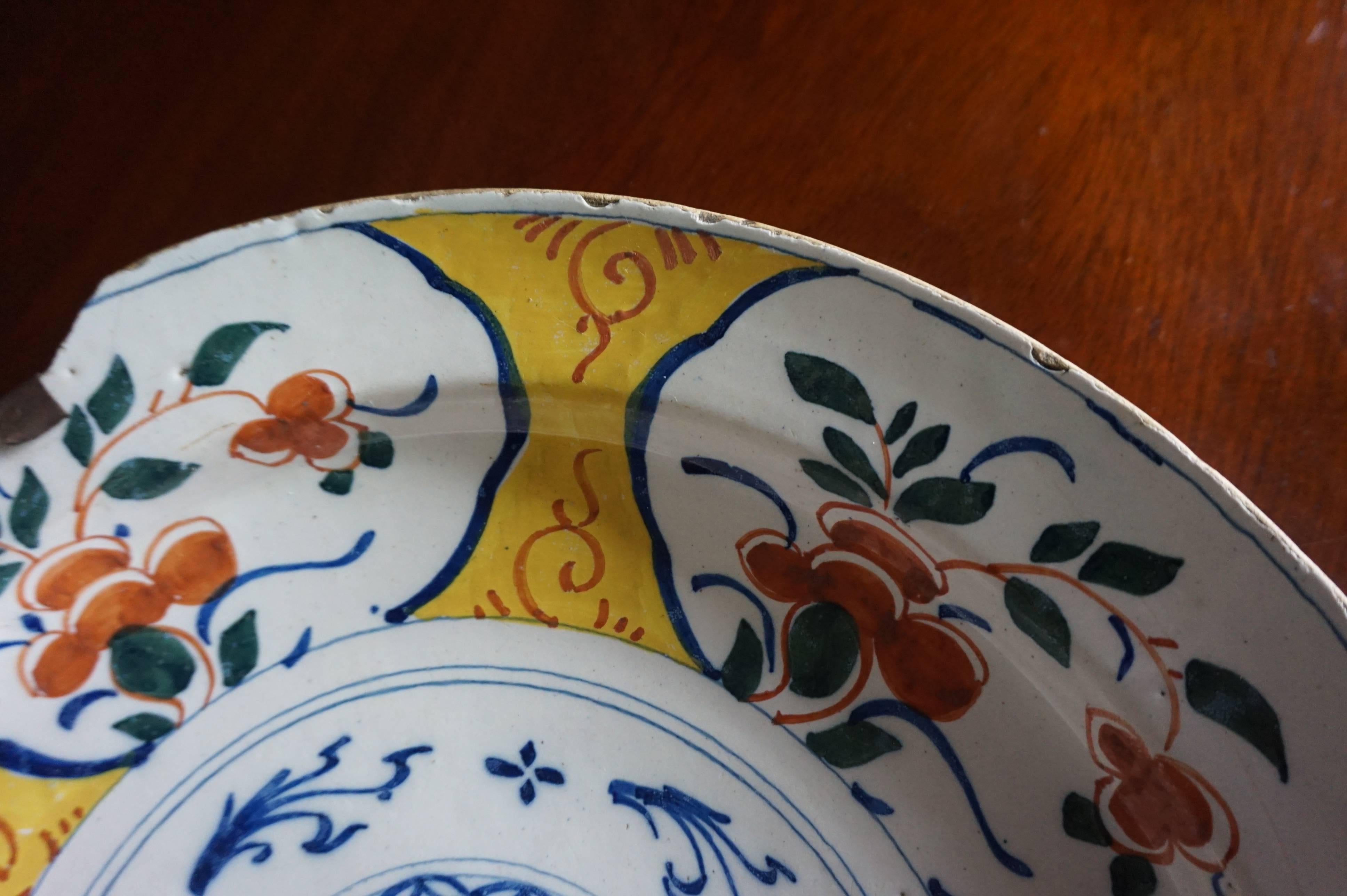 Pair of 18th Century Chinese Style Dutch Ceramic Plate Chargers with Rare Yellow For Sale 7