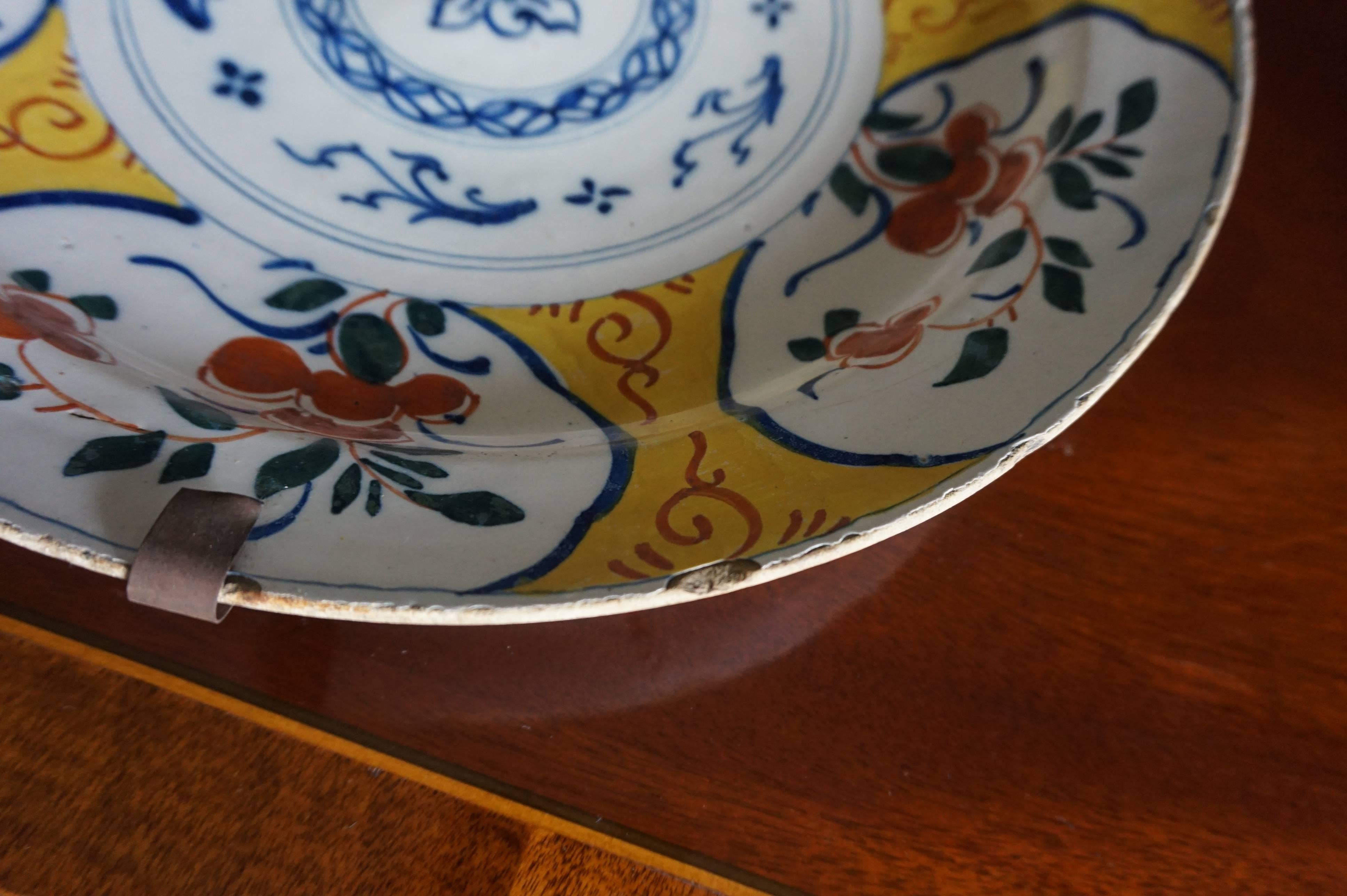 Pair of 18th Century Chinese Style Dutch Ceramic Plate Chargers with Rare Yellow For Sale 8