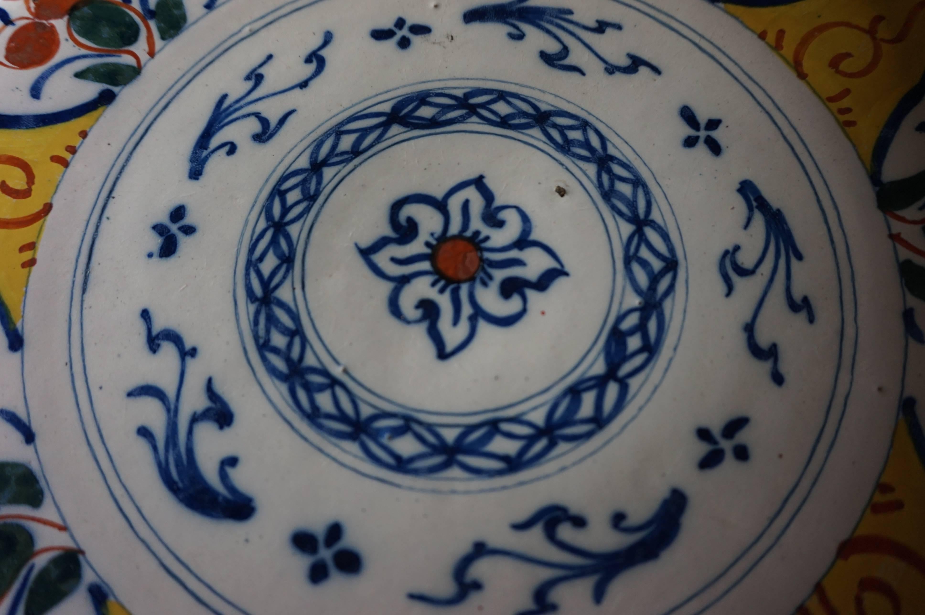 Pair of 18th Century Chinese Style Dutch Ceramic Plate Chargers with Rare Yellow For Sale 9