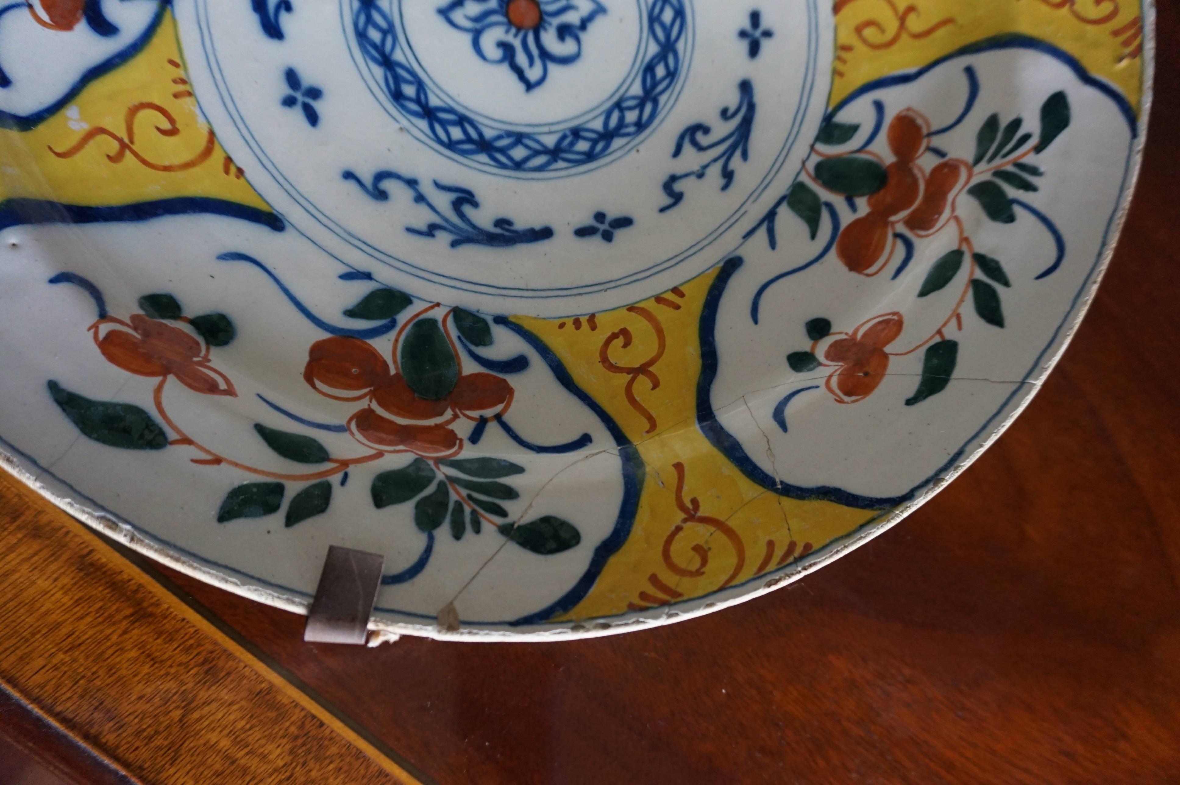 18th Century and Earlier Pair of 18th Century Chinese Style Dutch Ceramic Plate Chargers with Rare Yellow For Sale