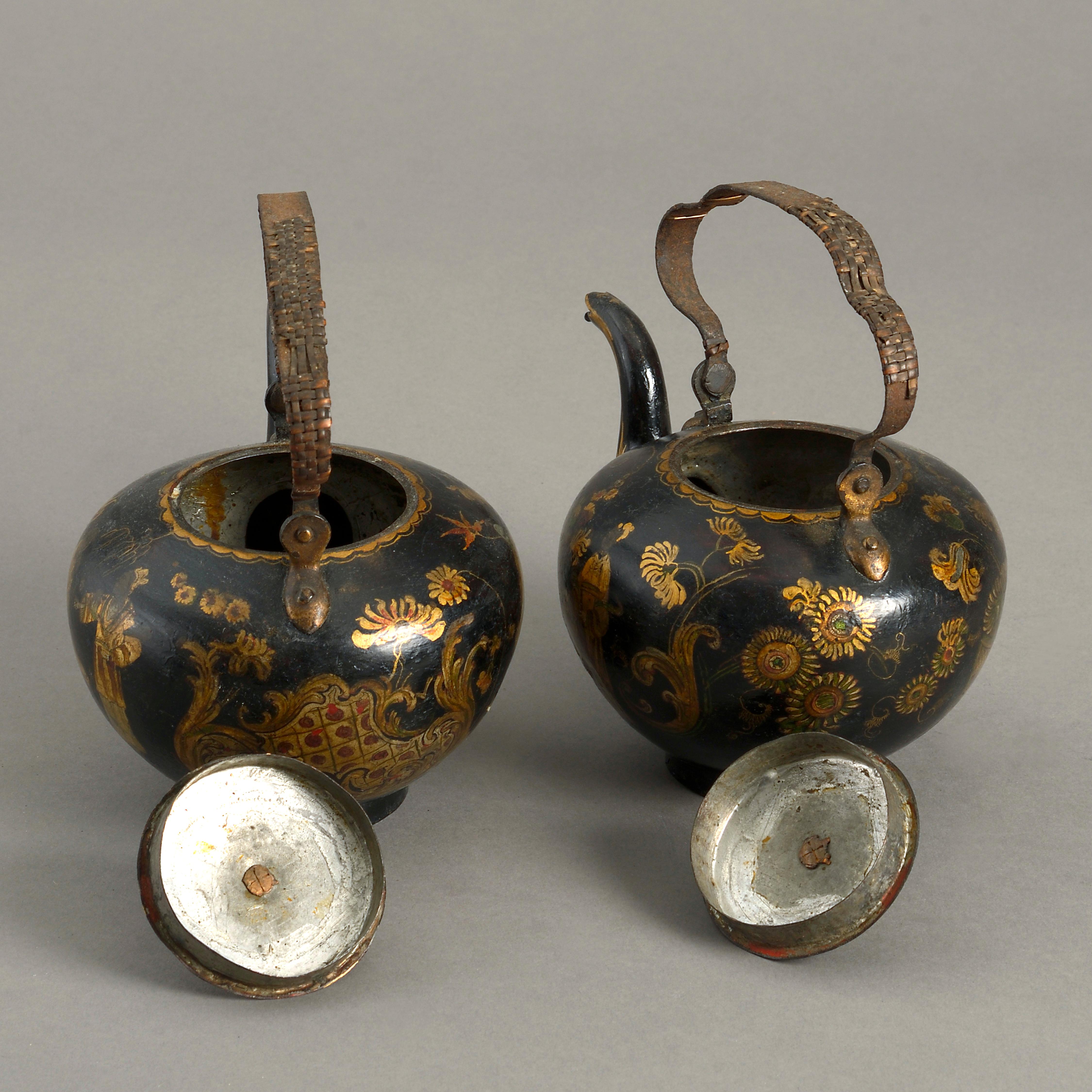 Japanned Pair of 18th Century Chinoiserie Tole Tea Pots