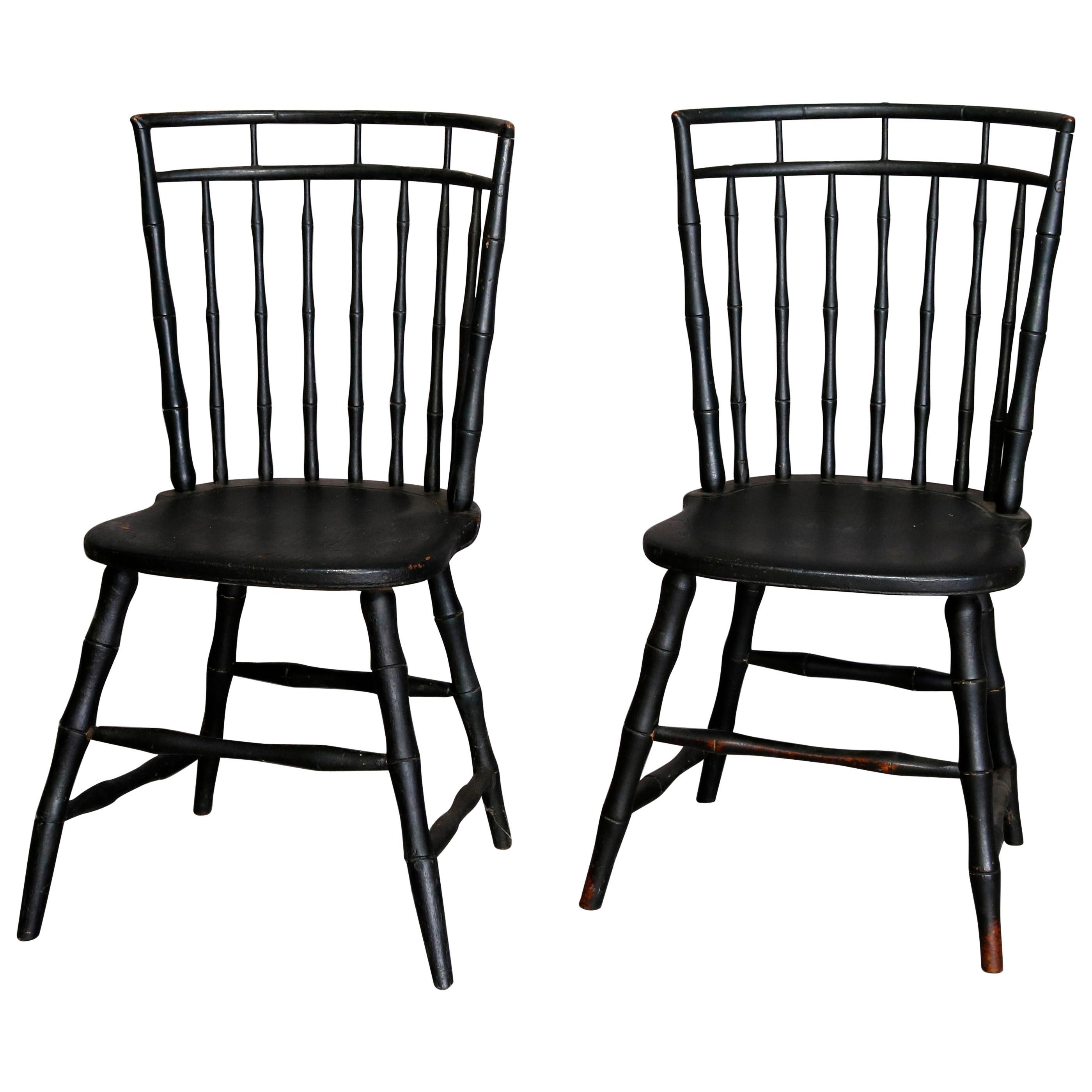 Pair of 18th Century Colonial Ebonized James Chapman Tuttle Windsor Chairs