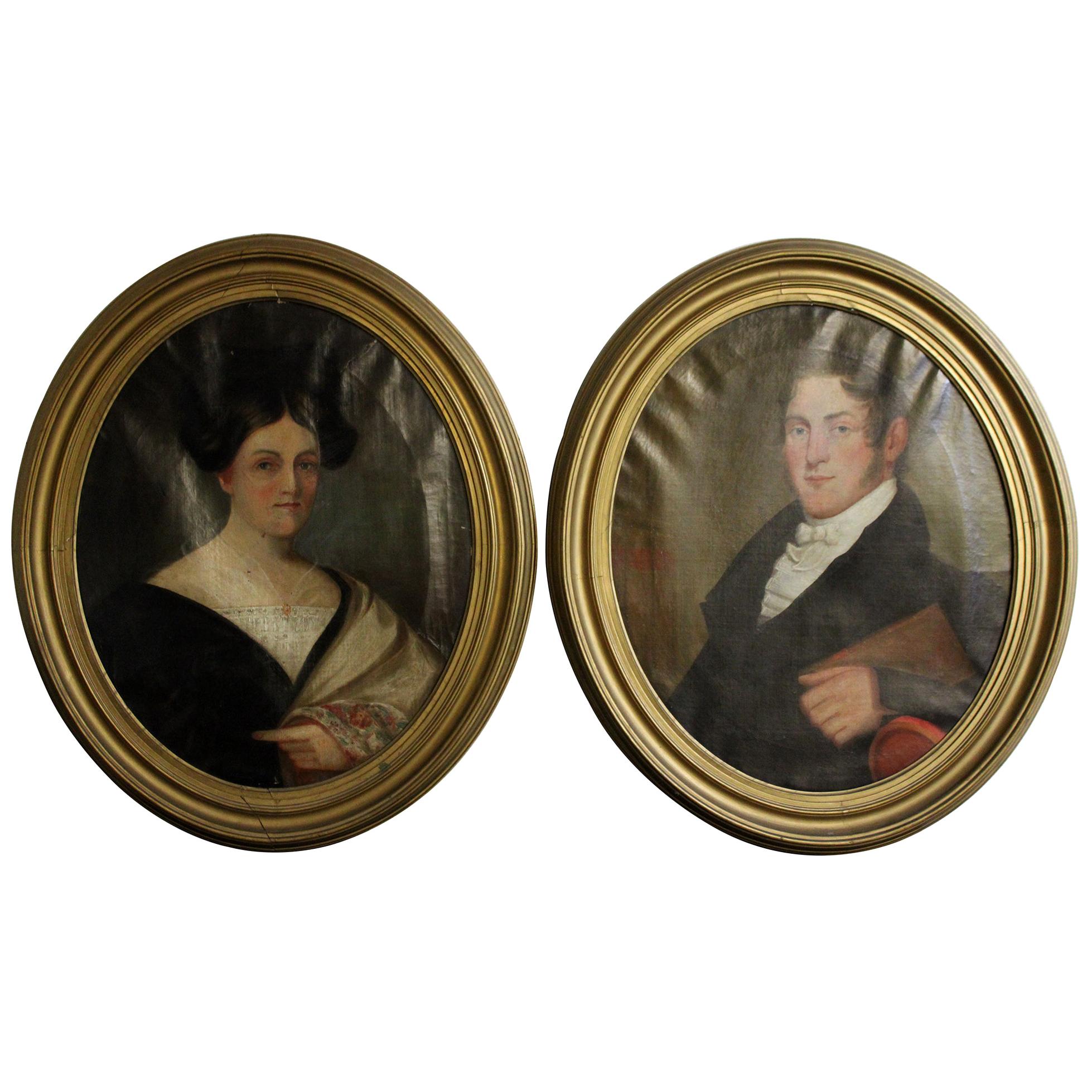 Pair of 18th Century Colonial Oil Paintings Husband Wife American Oval Portrait