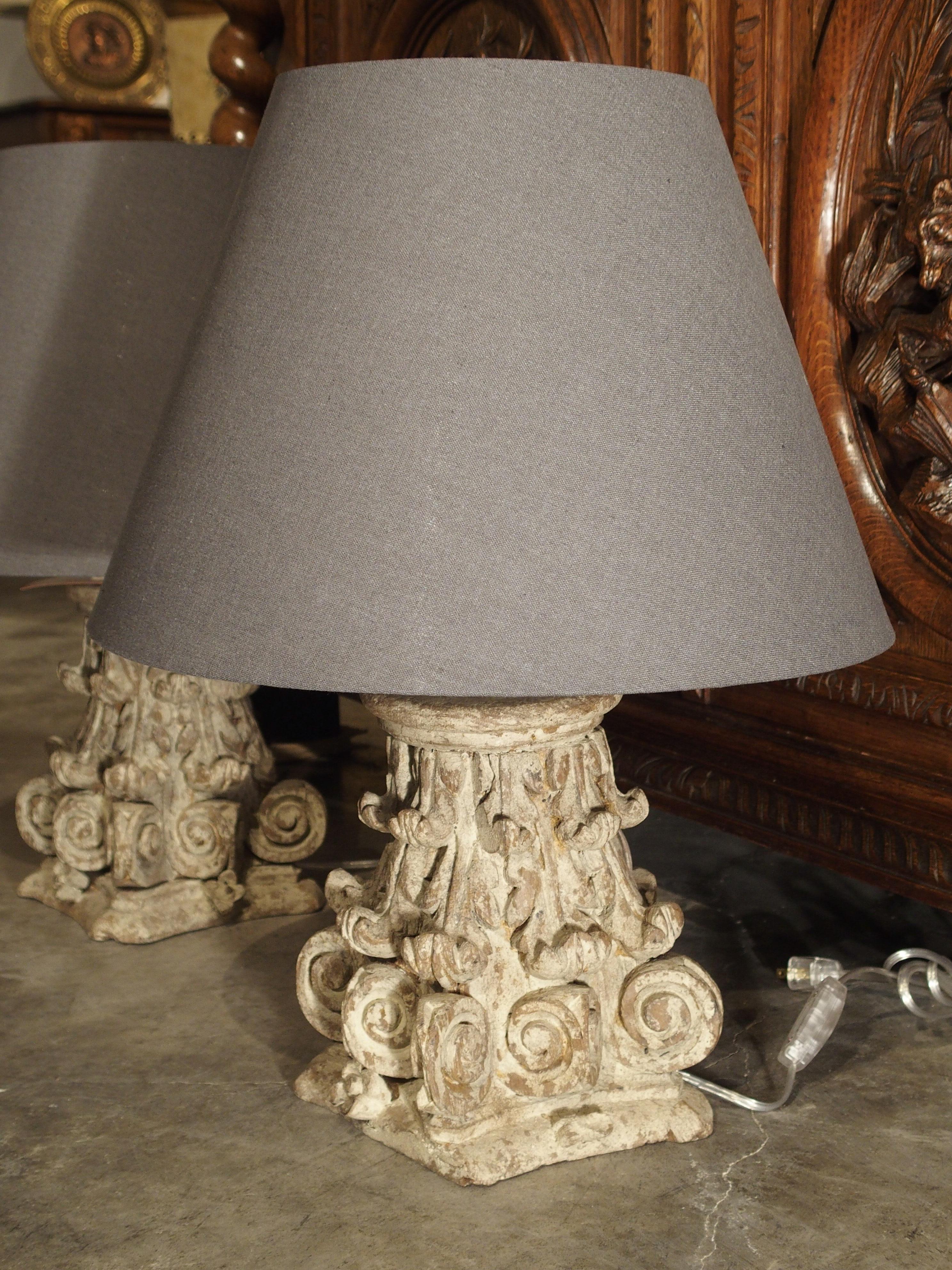 Wood Pair of 18th Century Column Capital Lamps from France For Sale