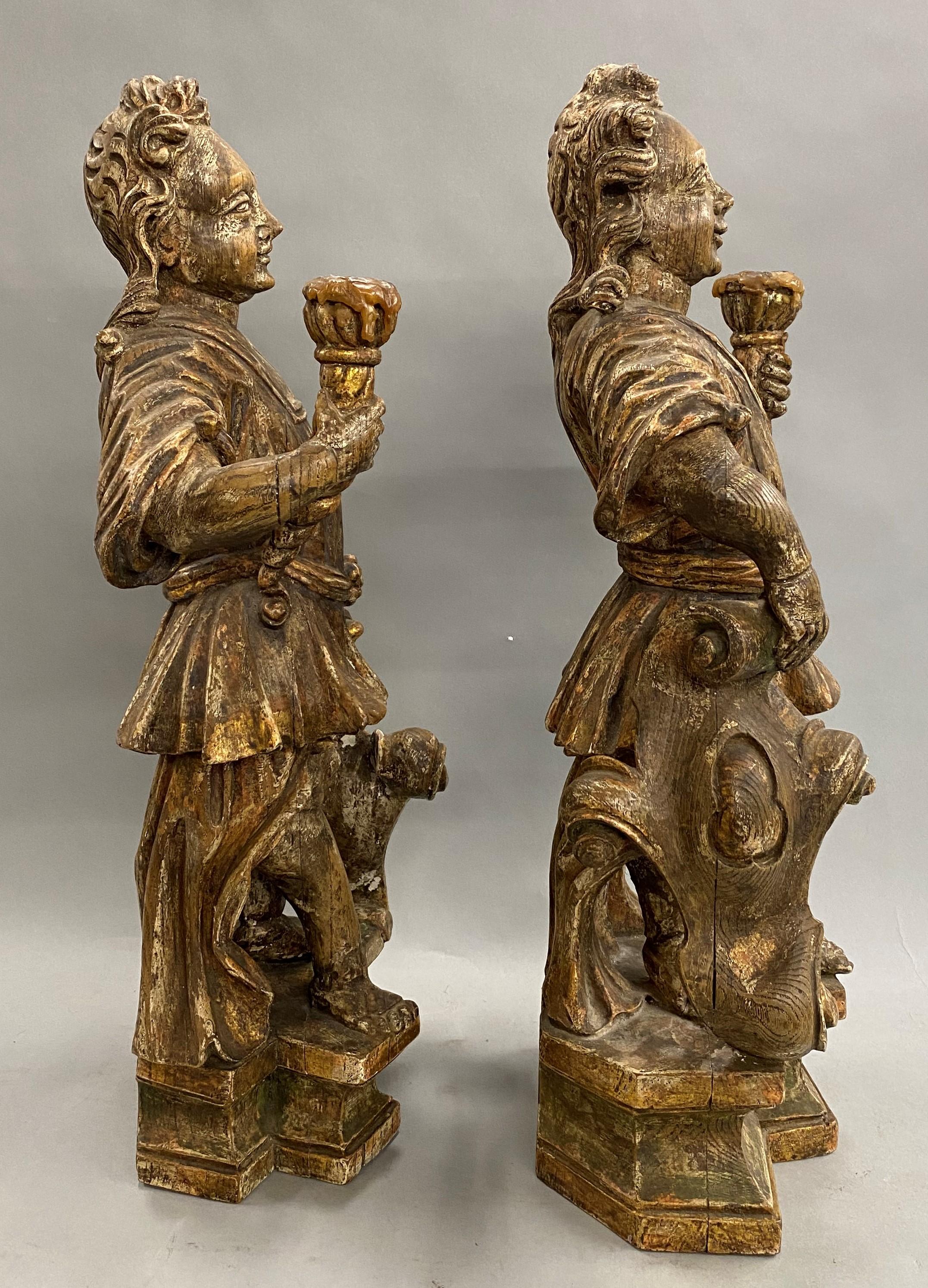 Pair of 18th Century Continental Figural Carved Polychrome & Gilt Candle Holders In Good Condition For Sale In Milford, NH