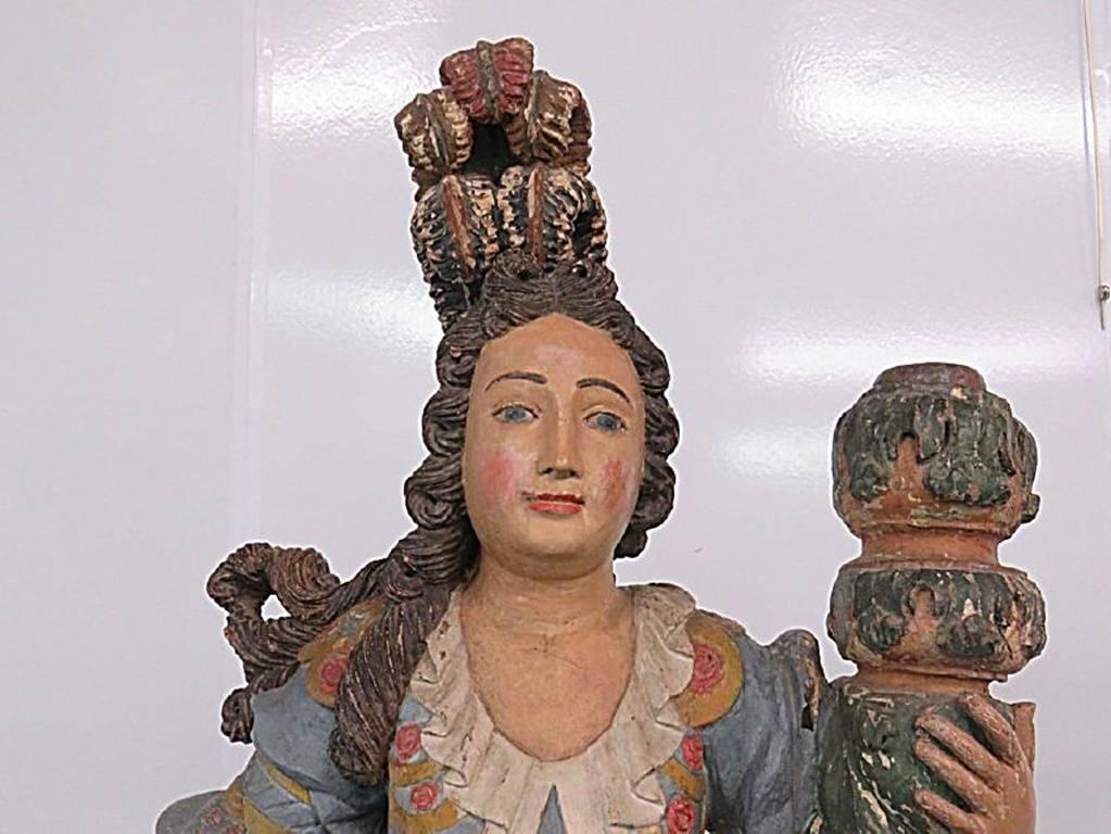 Carved Pair of 18th Life Size Polychromed Santos Figural Maiden Statues on Pedestals
