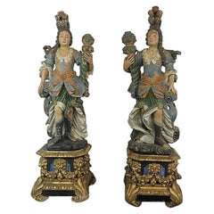Antique Pair of 18th Life Size Polychromed Santos Figural Maiden Statues on Pedestals