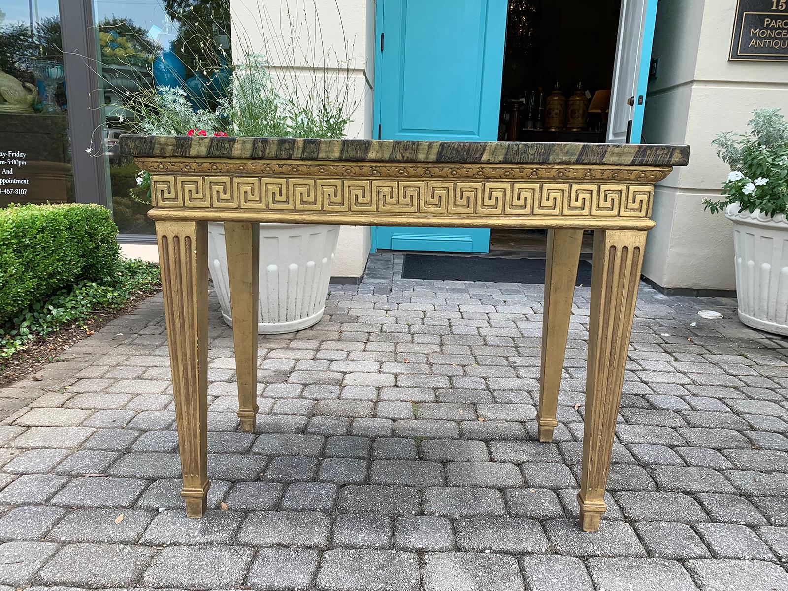 Pair of 18th Century Continental Giltwood Consoles, Greek Key Freize, Fluted Leg 5