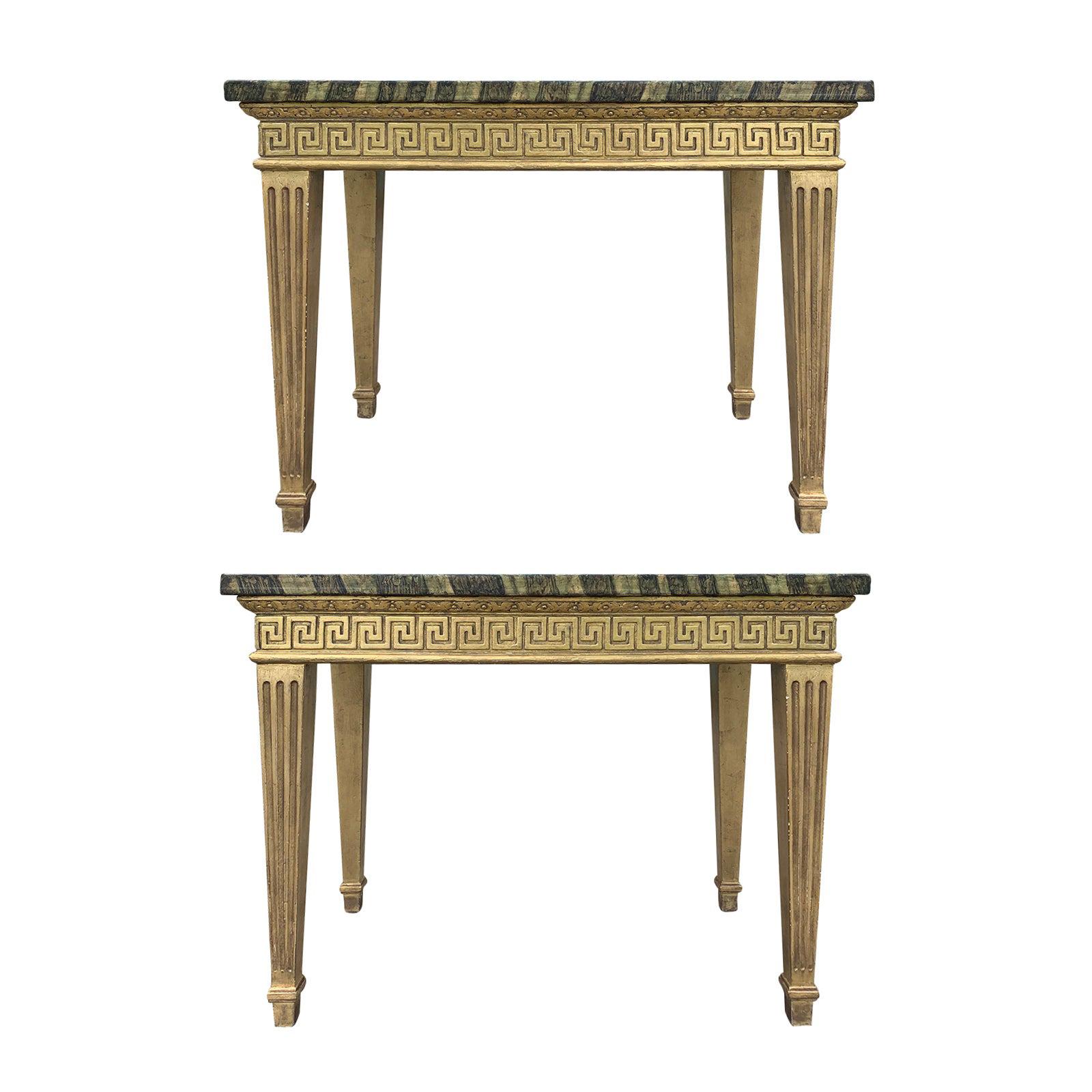 Pair of 18th Century Continental Giltwood Consoles, Greek Key Freize, Fluted Leg