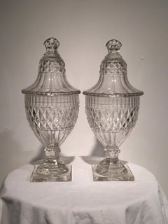 Pair of 18th Century Cut Crystal Conserve or Sweetmeat Jars and Covers