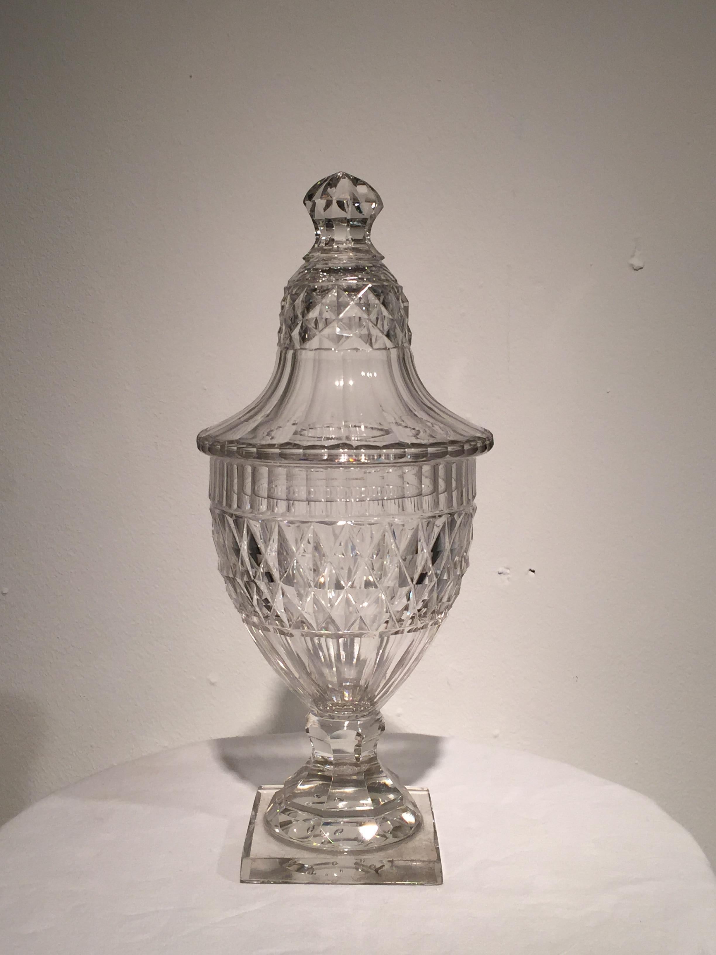 Adam Style Pair of 18th Century Cut Crystal Conserve or Sweetmeat Jars and Covers For Sale