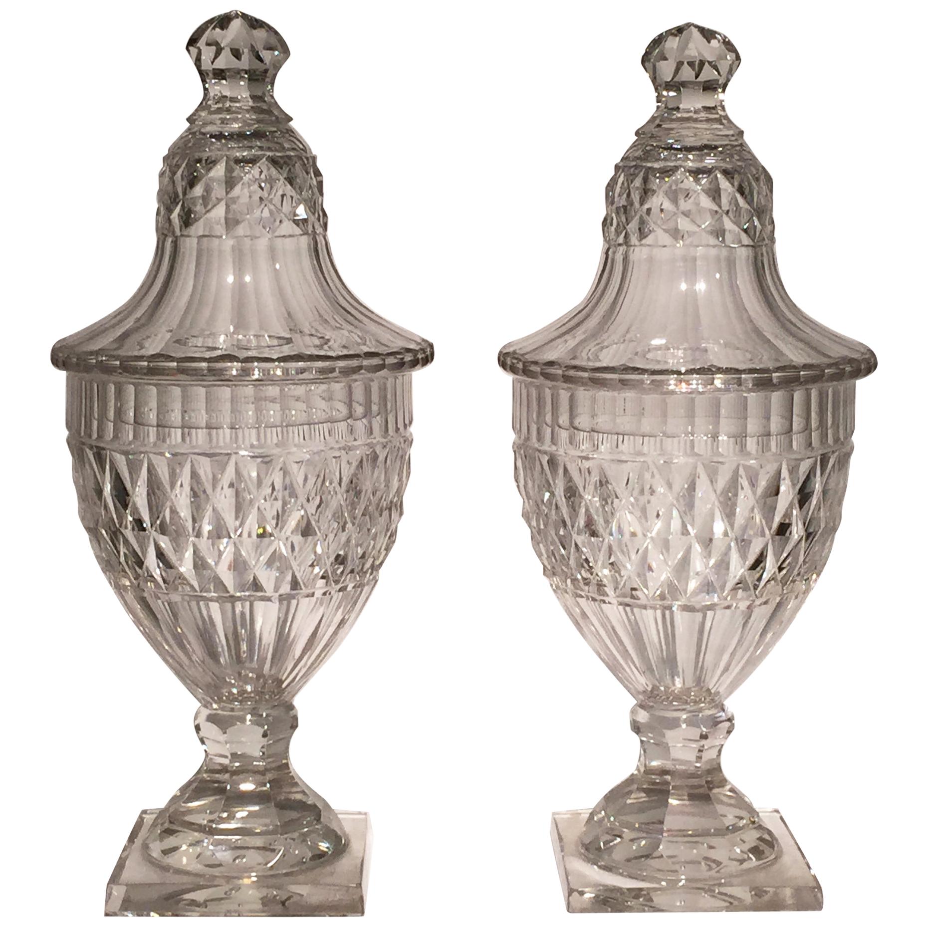 Pair of 18th Century Cut Crystal Conserve or Sweetmeat Jars and Covers For Sale