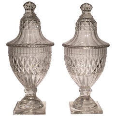 Pair of 18th Century Cut Crystal Conserve or Sweetmeat Jars and Covers