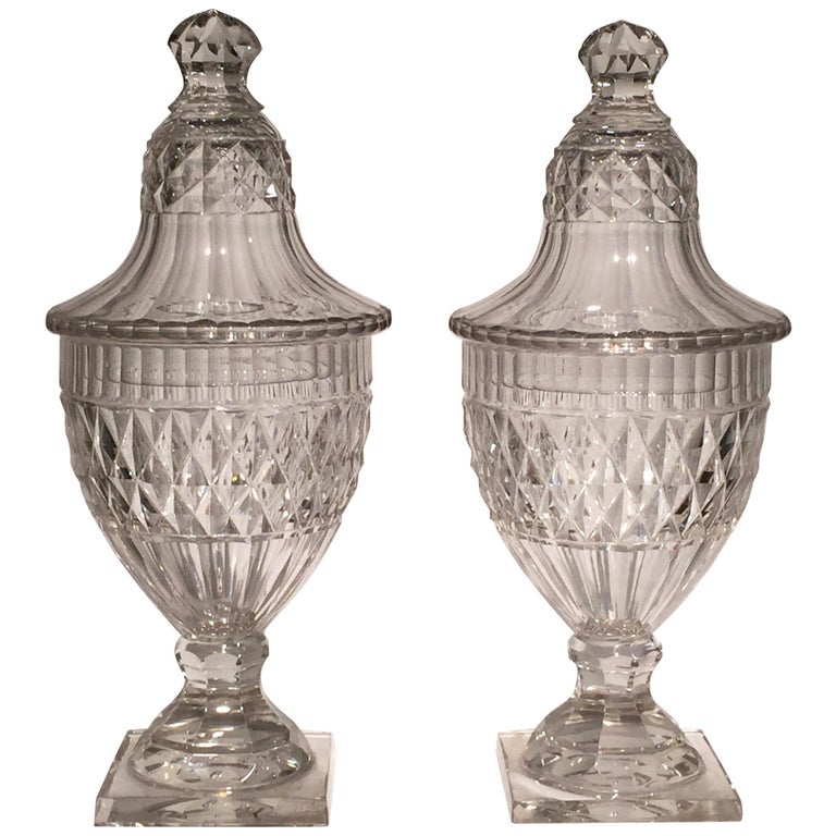 Pair of 18th Century Cut Crystal Conserve or Sweetmeat Jars and Covers