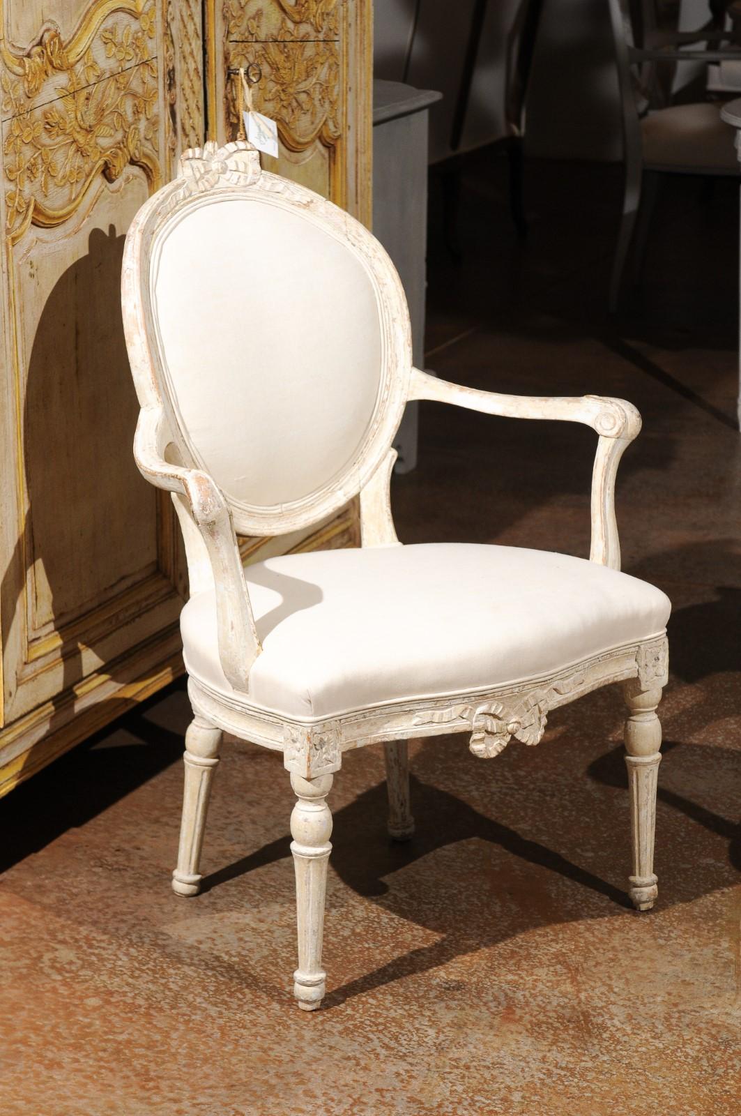 Pair of 18th Century Danish Louis XVI Painted Wood Armchairs with New Upholstery In Good Condition In Atlanta, GA