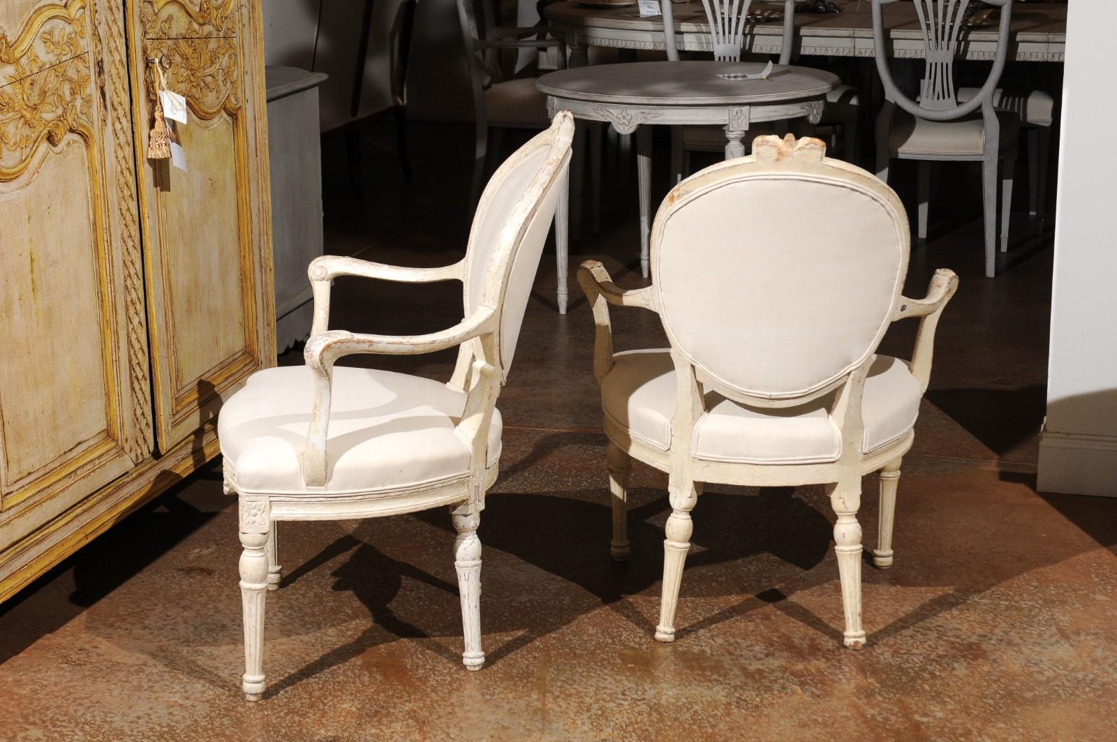 Pair of 18th Century Danish Louis XVI Painted Wood Armchairs with New Upholstery 2