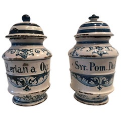 Pair of 18th Century Delft Blue and White Porcelain Jars with Lids