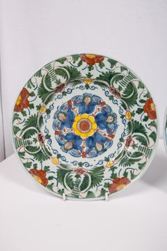 Pair of 18th Century Delft Chargers Painted in Polychrome Colors