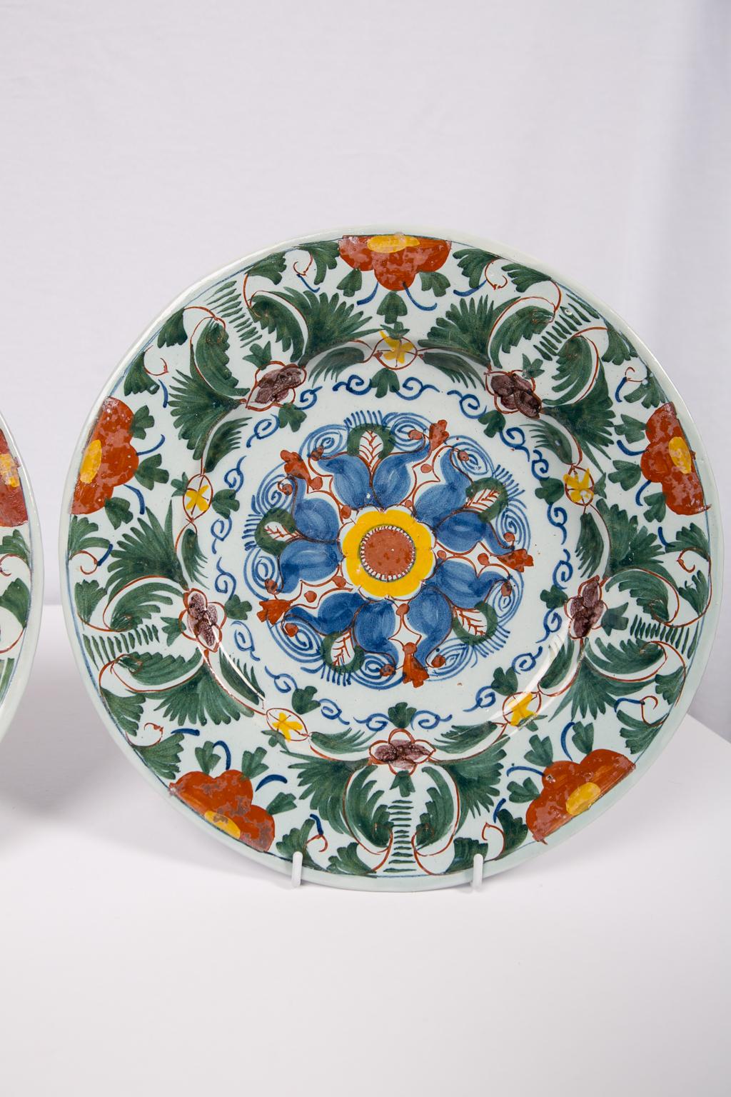 Pair of 18th Century Delft Chargers Painted in Polychrome Colors (Rokoko)