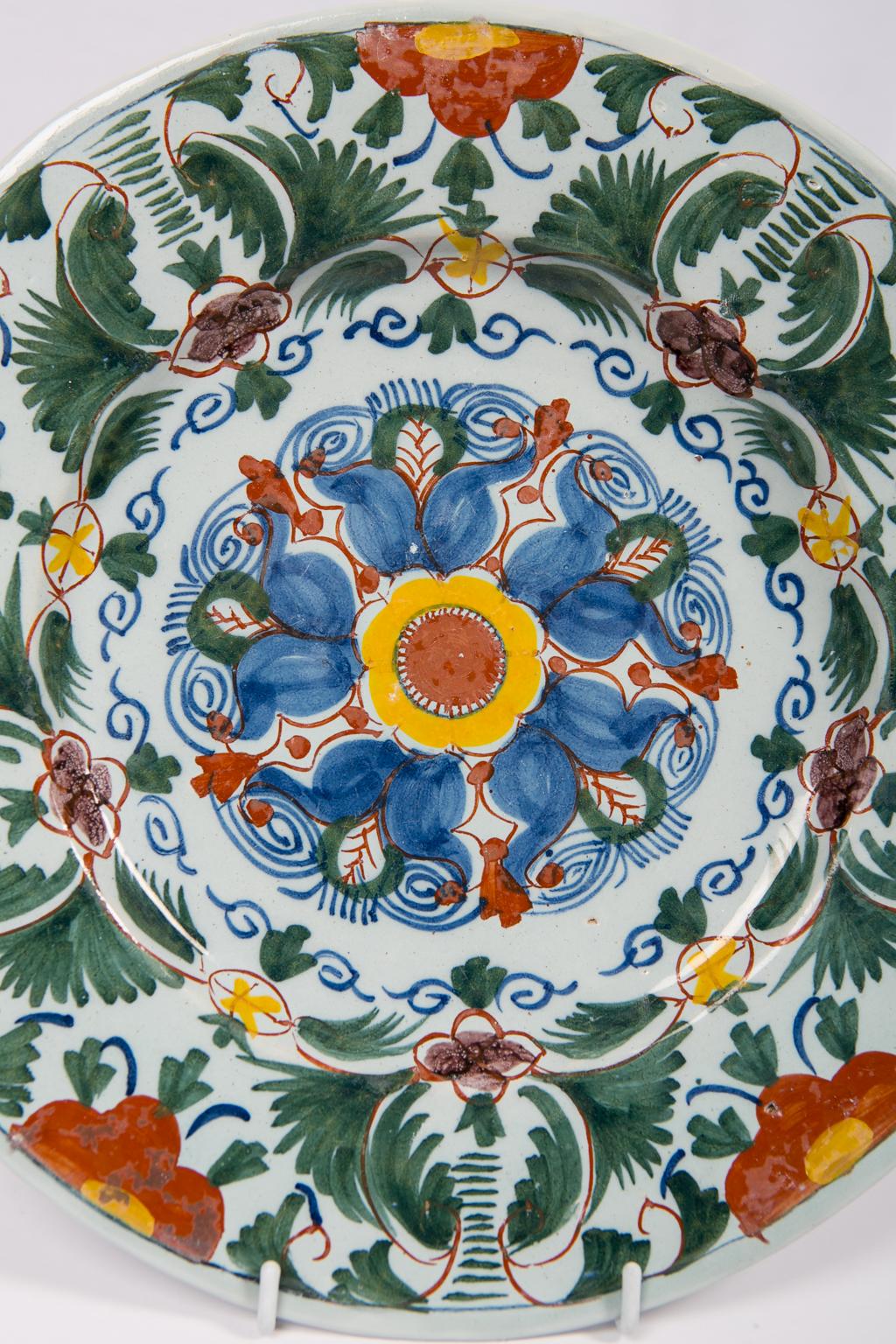 Hand-Painted Pair of 18th Century Delft Chargers Painted in Polychrome Colors