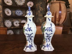 Pair of 18th Century Delft Lidded Jars, Chinoiserie Decor