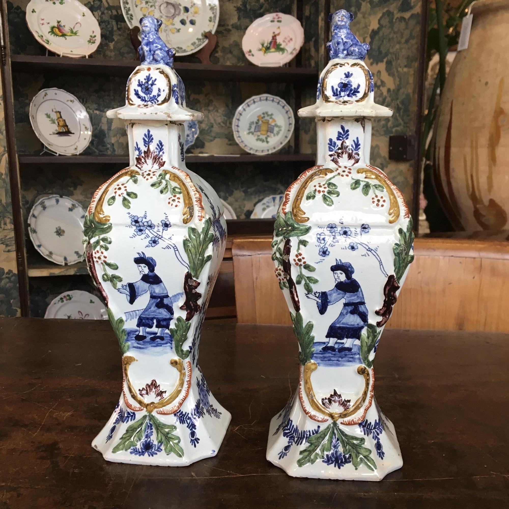 Ceramic Pair of 18th Century Delft Lidded Jars, Chinoiserie Decor